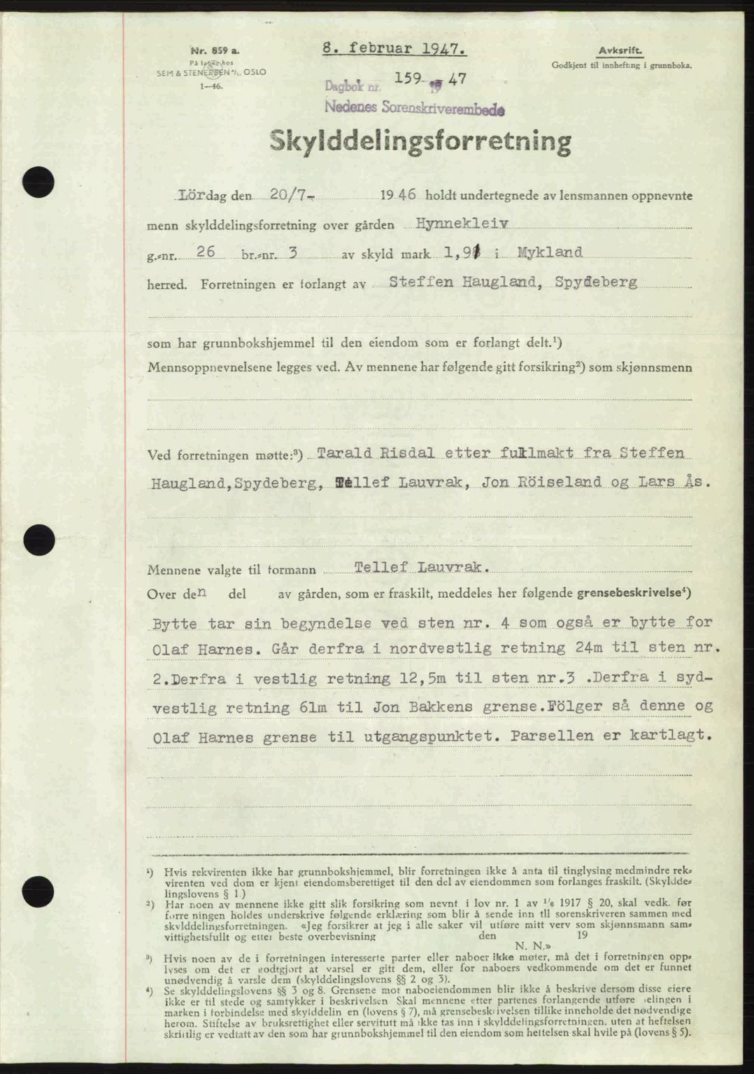 Nedenes sorenskriveri, AV/SAK-1221-0006/G/Gb/Gba/L0056: Mortgage book no. A8, 1946-1947, Diary no: : 159/1947