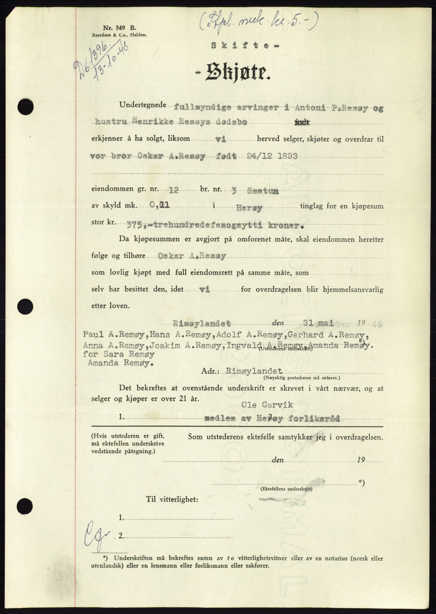 Søre Sunnmøre sorenskriveri, AV/SAT-A-4122/1/2/2C/L0083: Mortgage book no. 9A, 1948-1949, Diary no: : 1396/1948