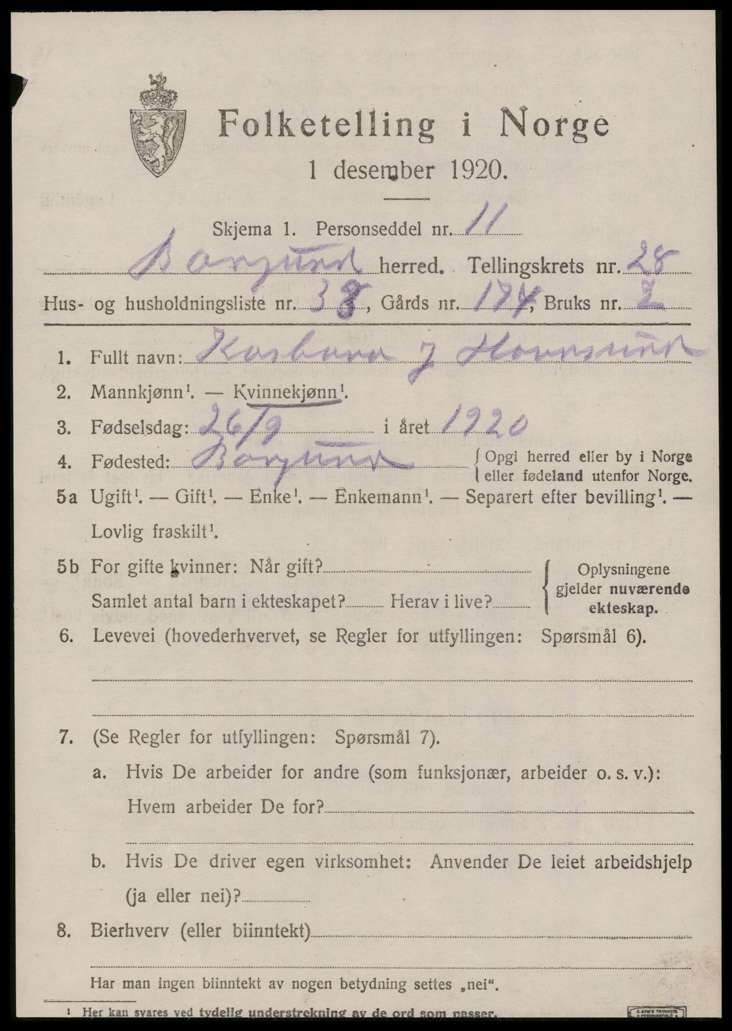 SAT, 1920 census for Borgund, 1920, p. 18630