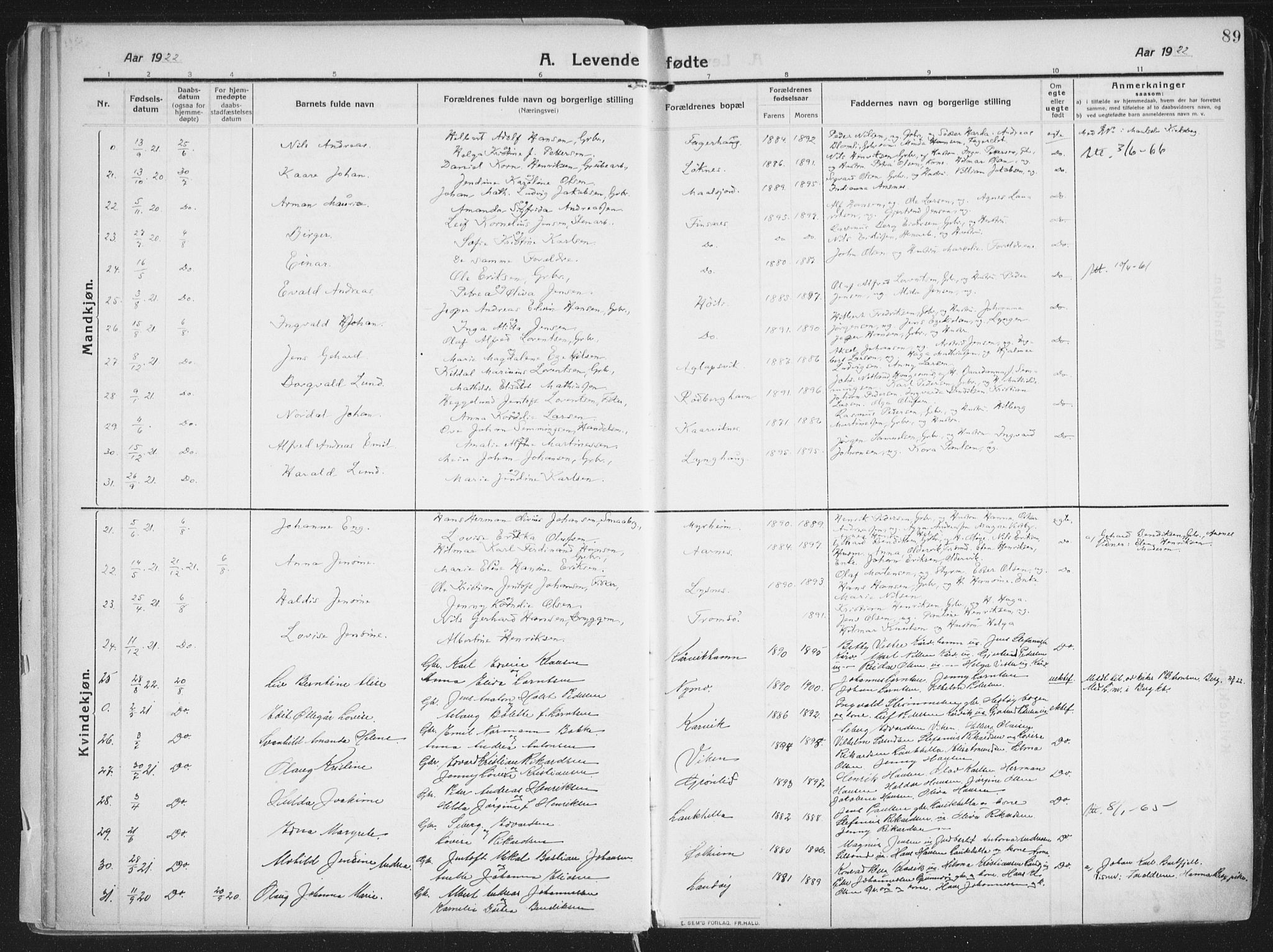 Lenvik sokneprestembete, SATØ/S-1310/H/Ha/Haa/L0016kirke: Parish register (official) no. 16, 1910-1924, p. 89