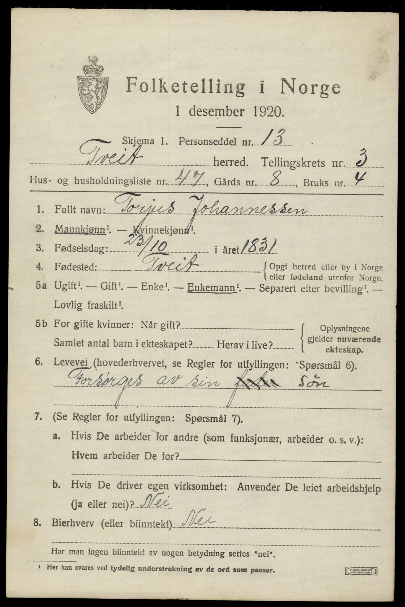 SAK, 1920 census for Tveit, 1920, p. 1972