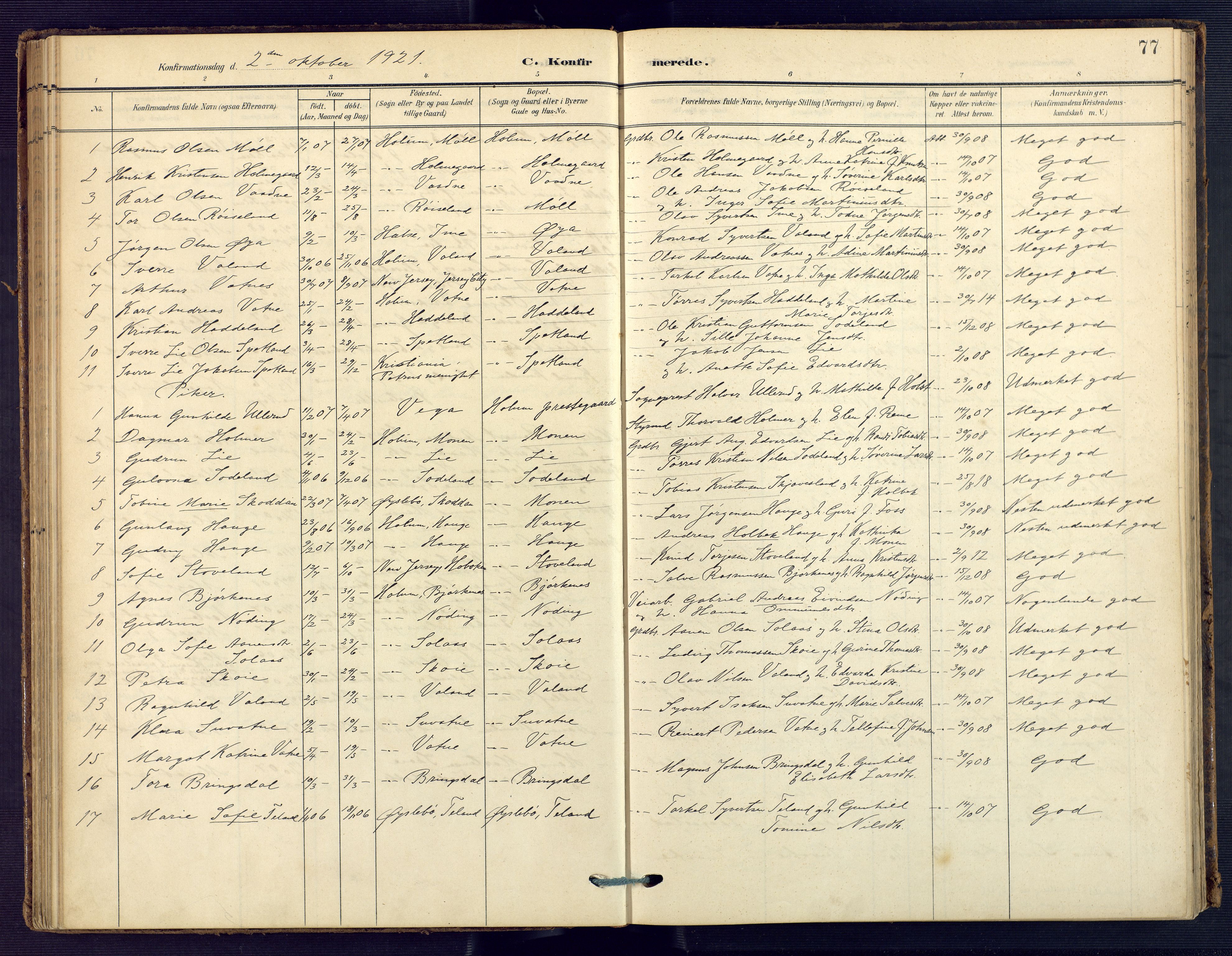 Holum sokneprestkontor, AV/SAK-1111-0022/F/Fa/Faa/L0008: Parish register (official) no. A 8, 1908-1929, p. 77