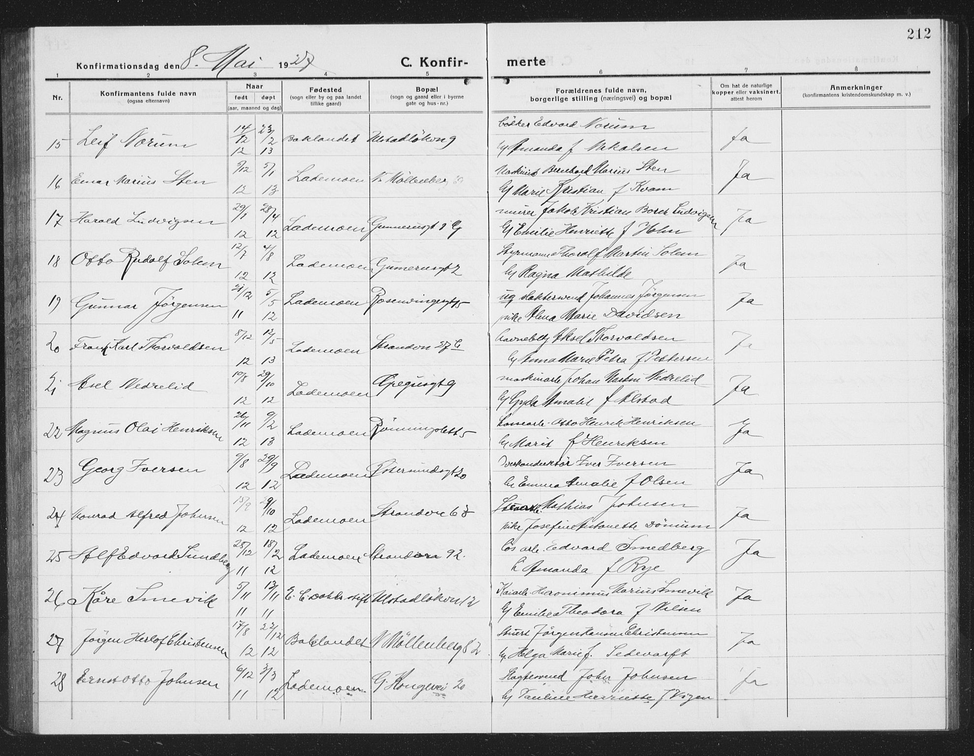 Ministerialprotokoller, klokkerbøker og fødselsregistre - Sør-Trøndelag, SAT/A-1456/605/L0258: Parish register (copy) no. 605C05, 1918-1930, p. 212