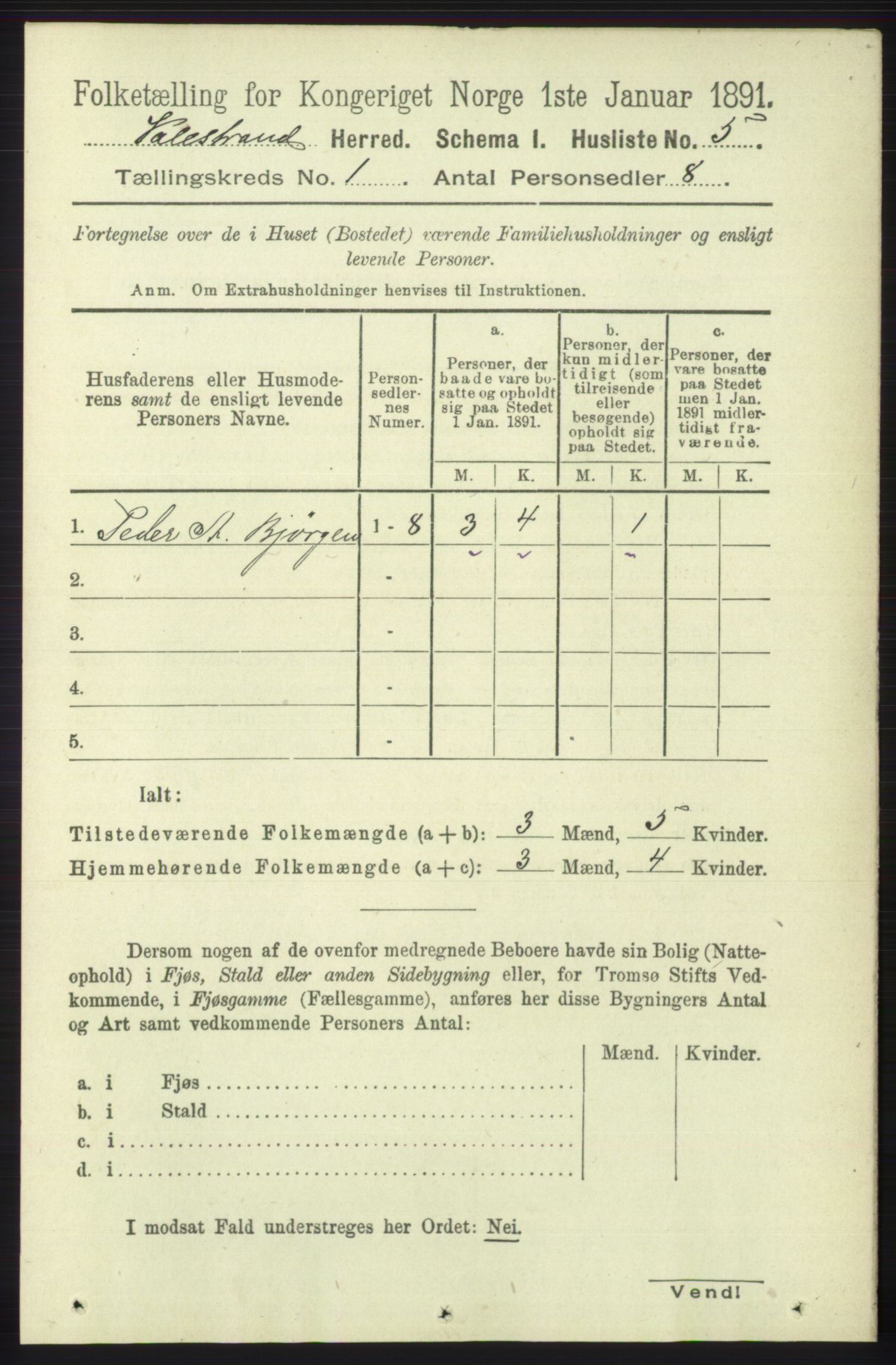 RA, 1891 census for 1217 Valestrand, 1891, p. 20