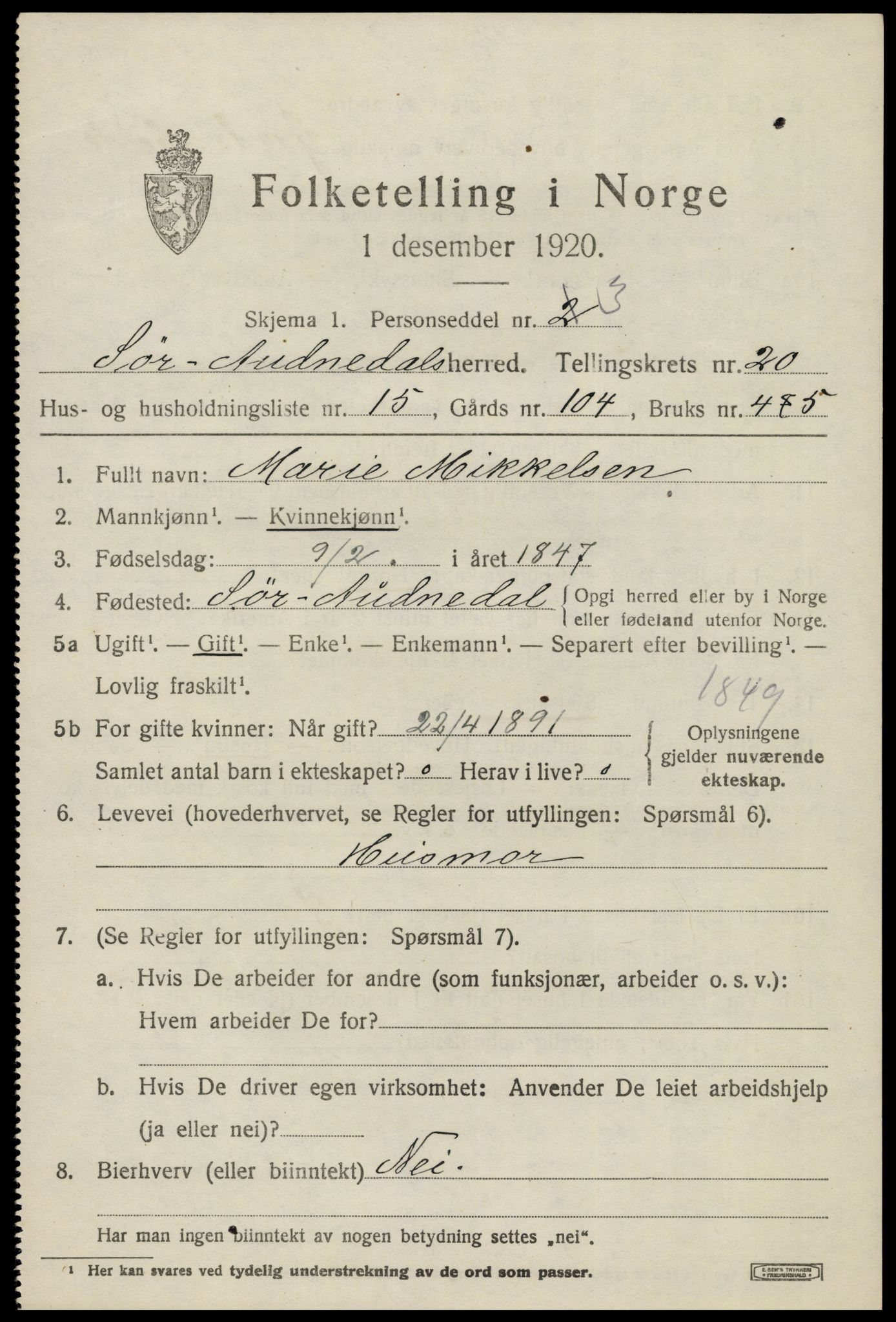 SAK, 1920 census for Sør-Audnedal, 1920, p. 6841