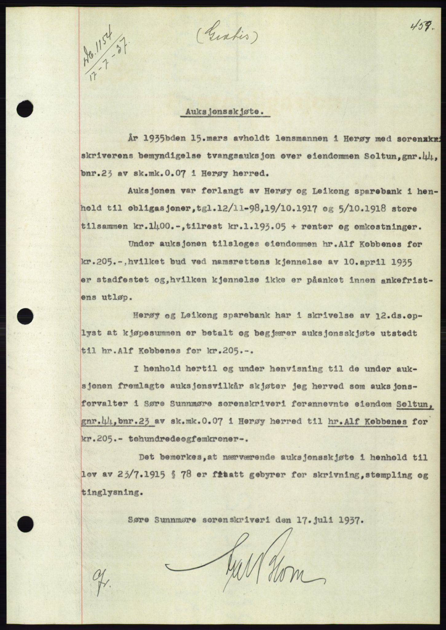 Søre Sunnmøre sorenskriveri, AV/SAT-A-4122/1/2/2C/L0063: Mortgage book no. 57, 1937-1937, Diary no: : 1154/1937