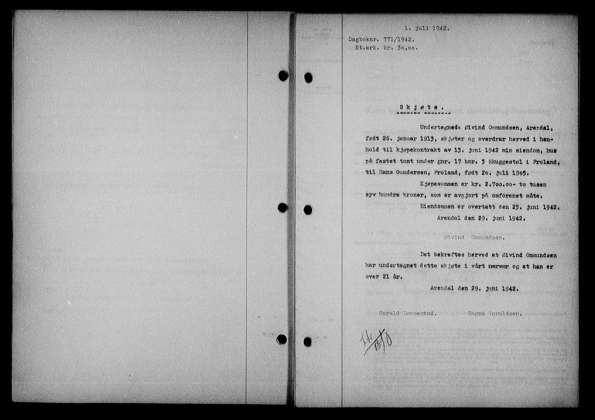 Nedenes sorenskriveri, SAK/1221-0006/G/Gb/Gba/L0049: Mortgage book no. A-III, 1941-1942, Diary no: : 771/1942