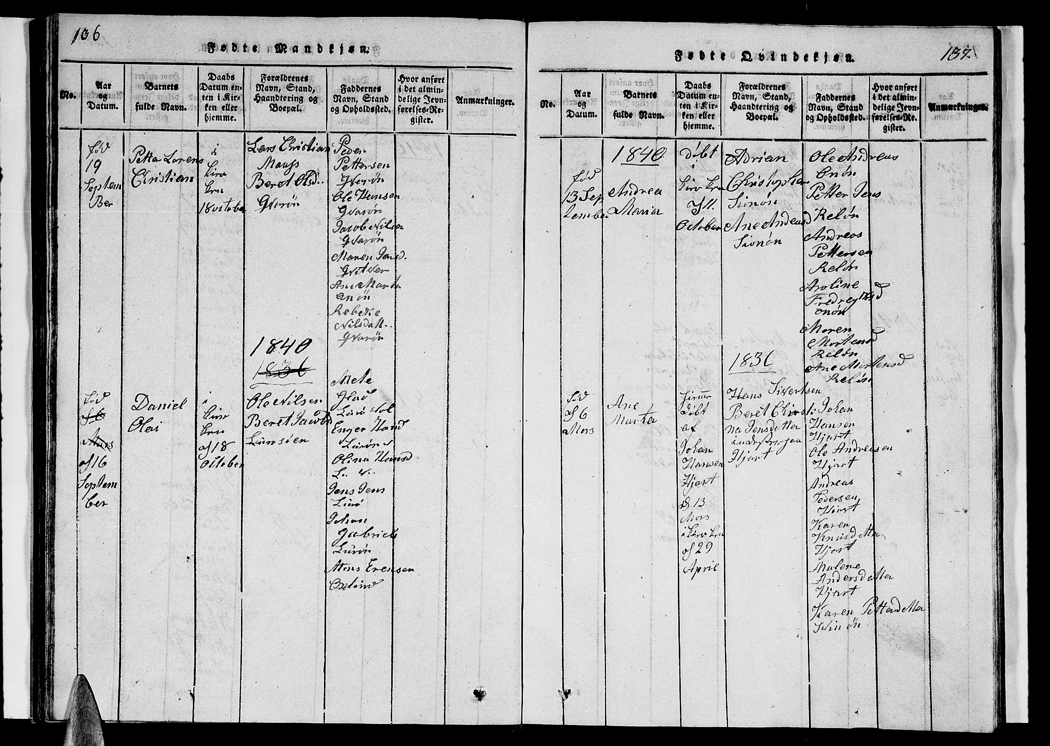 Ministerialprotokoller, klokkerbøker og fødselsregistre - Nordland, SAT/A-1459/839/L0571: Parish register (copy) no. 839C01, 1820-1840, p. 136-137