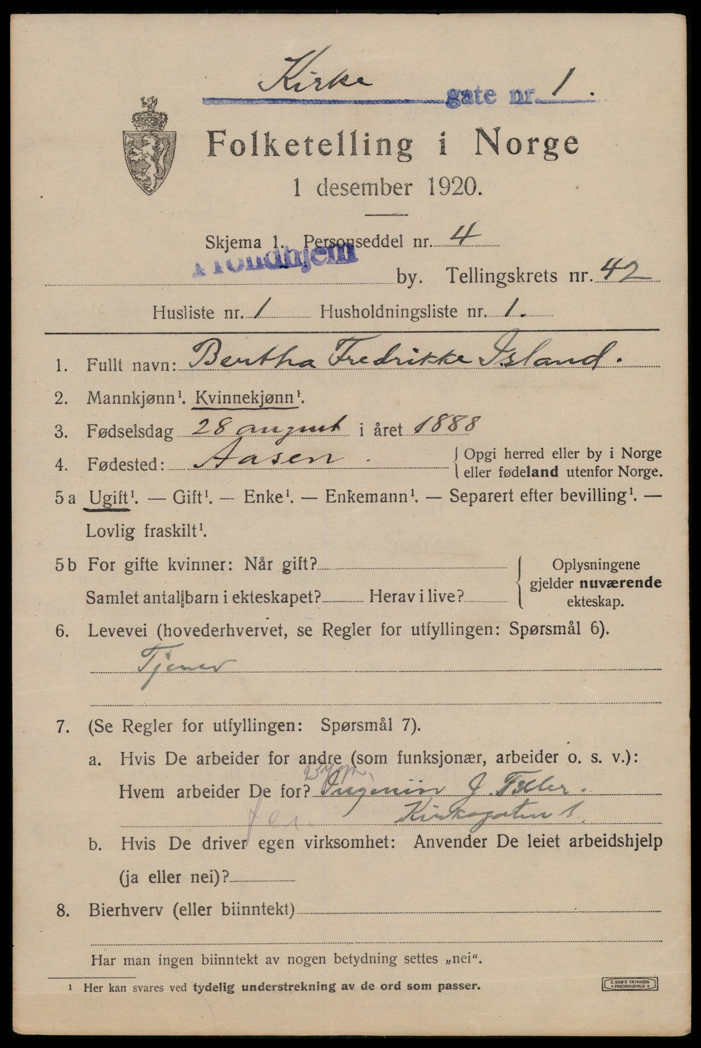 SAT, 1920 census for Trondheim, 1920, p. 92078