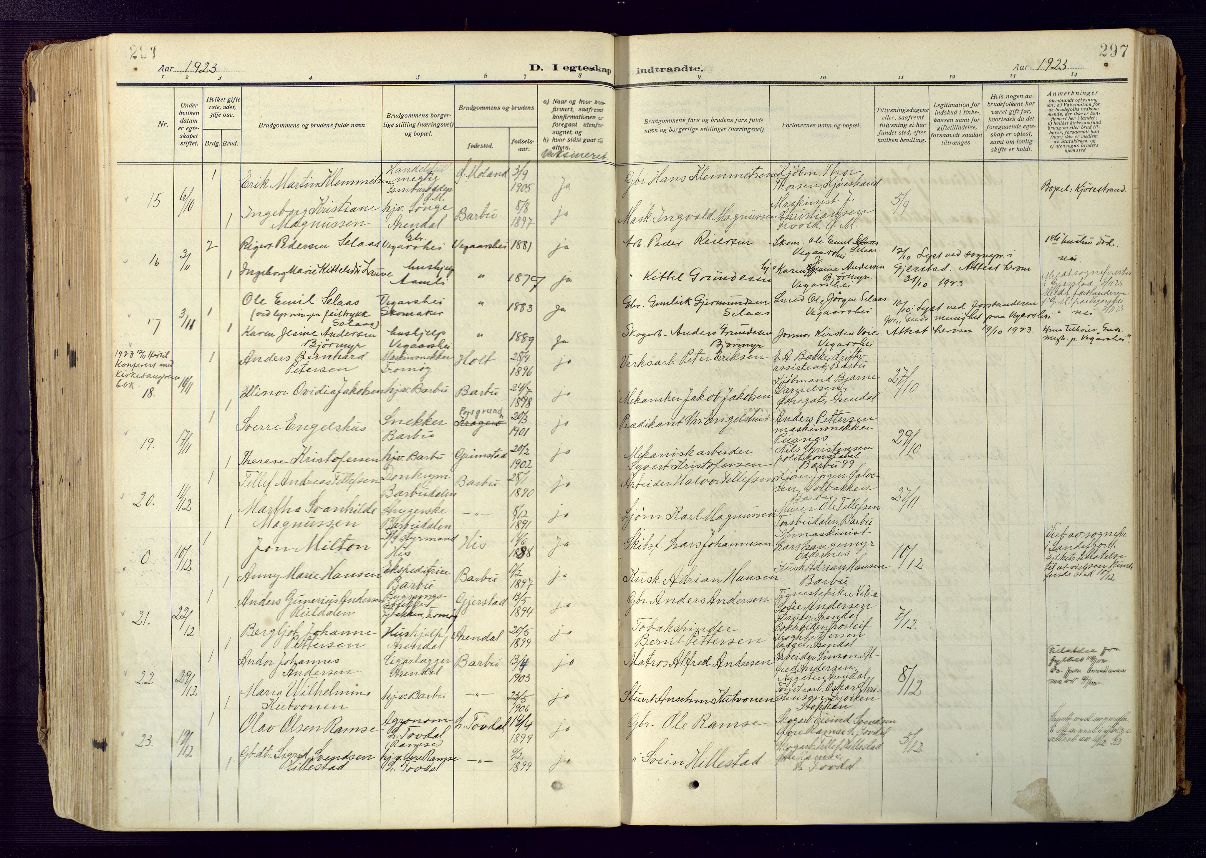 Barbu sokneprestkontor, SAK/1111-0003/F/Fa/L0006: Parish register (official) no. A 6, 1910-1929, p. 297
