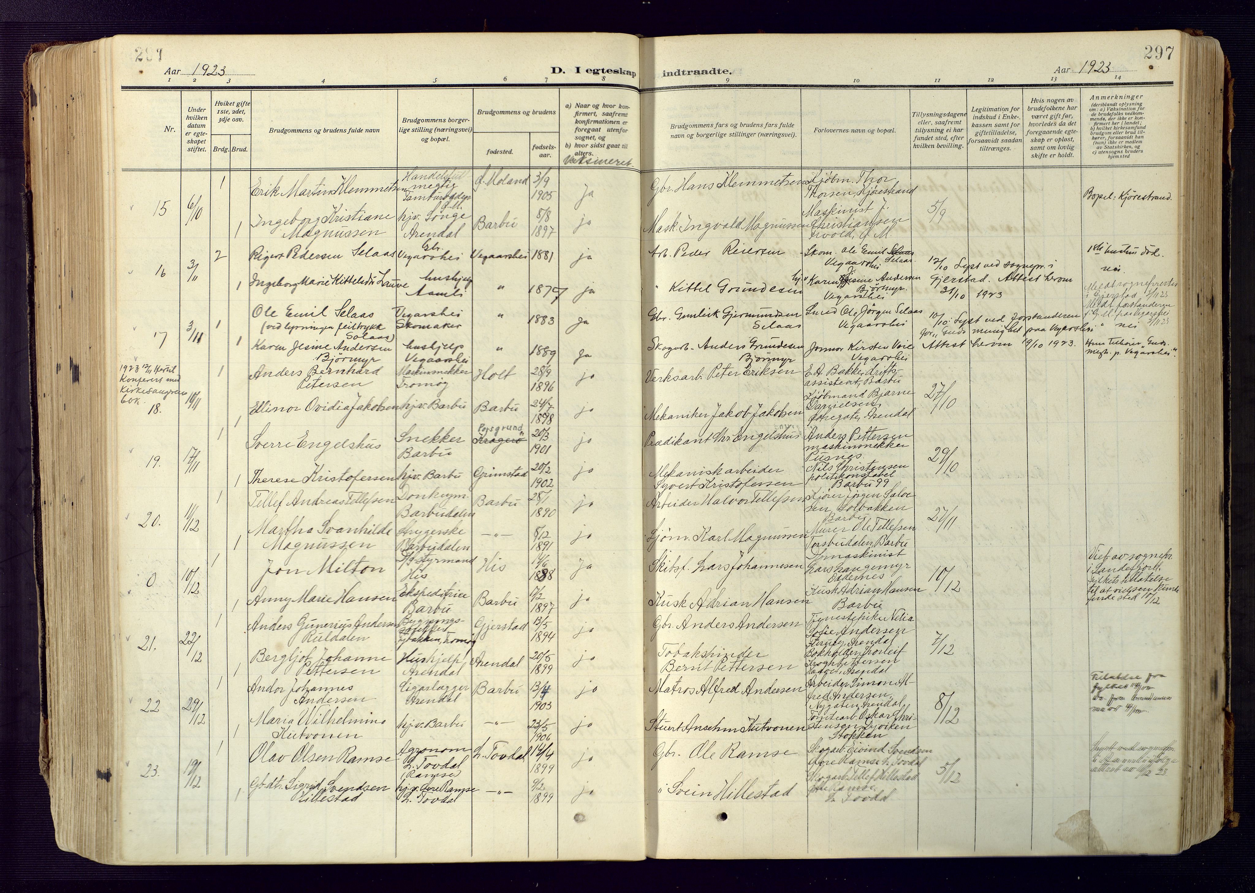Barbu sokneprestkontor, AV/SAK-1111-0003/F/Fa/L0006: Parish register (official) no. A 6, 1910-1929, p. 297