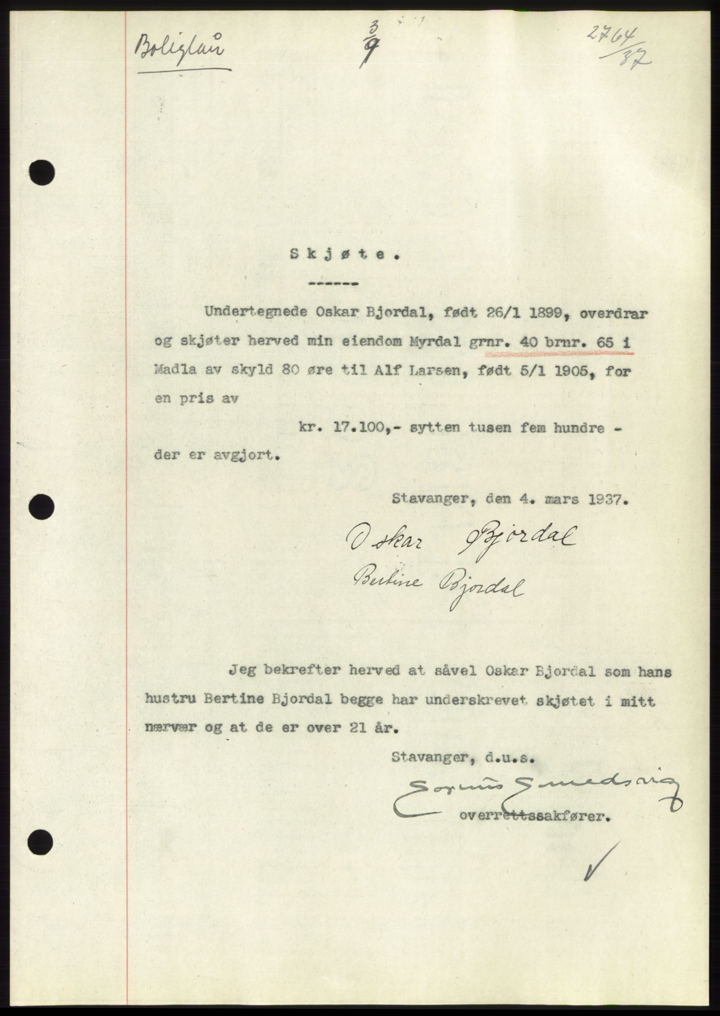 Jæren sorenskriveri, SAST/A-100310/03/G/Gba/L0069: Mortgage book, 1937-1937, Diary no: : 2764/1937