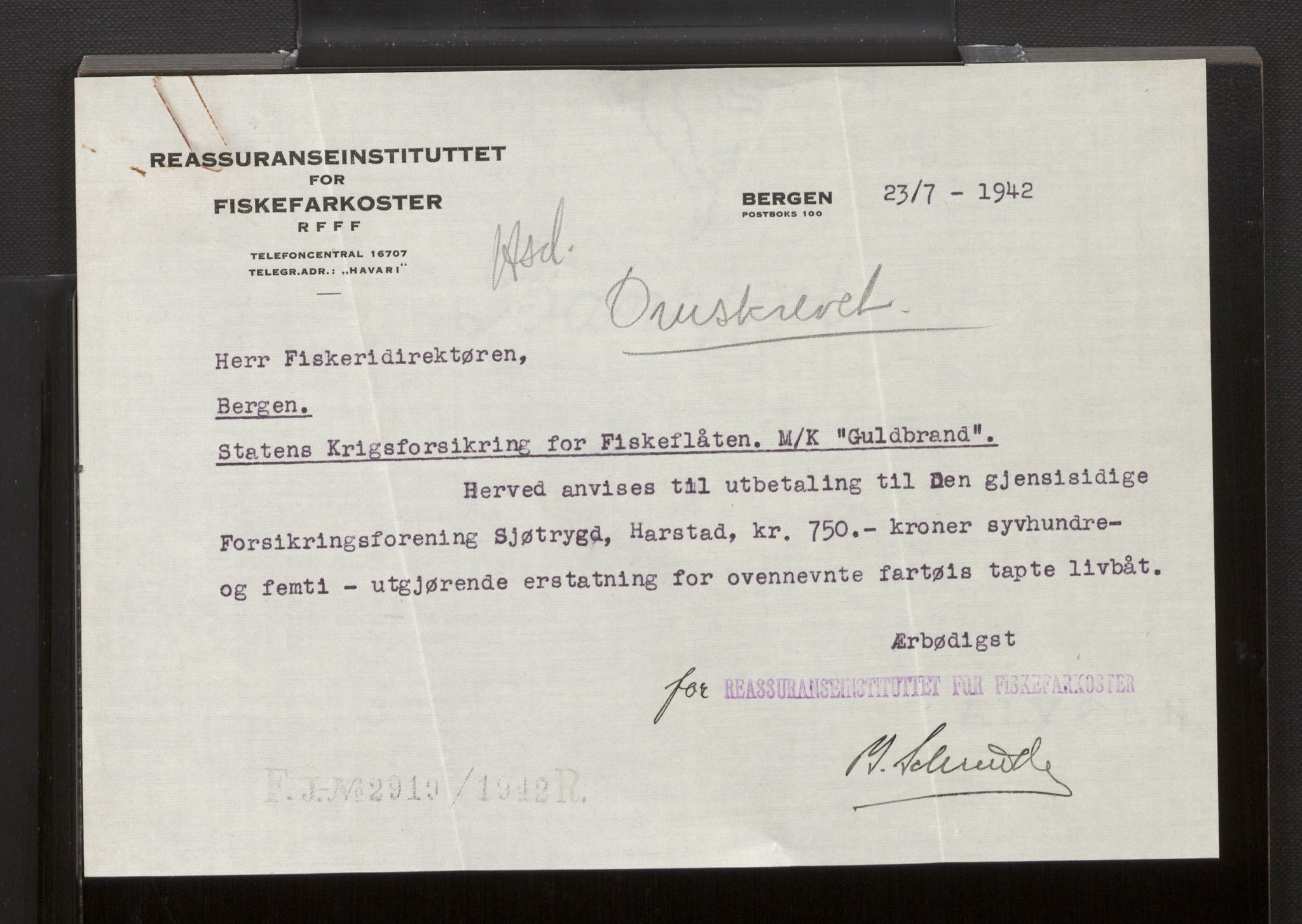 Fiskeridirektoratet - 1 Adm. ledelse - 13 Båtkontoret, AV/SAB-A-2003/La/L0058: Statens krigsforsikring for fiskeflåten, 1936-1971, p. 694