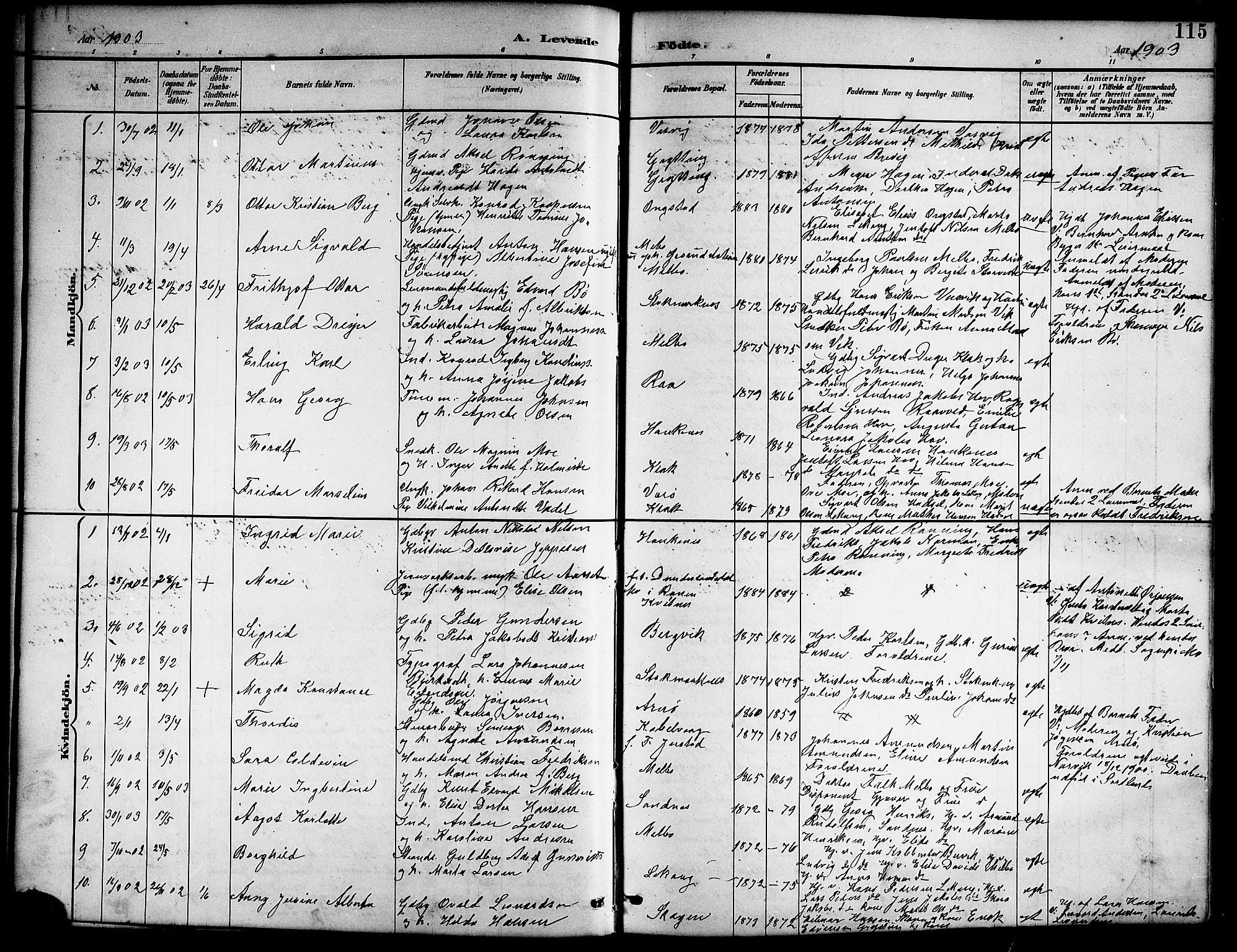 Ministerialprotokoller, klokkerbøker og fødselsregistre - Nordland, SAT/A-1459/888/L1268: Parish register (copy) no. 888C06, 1891-1908, p. 115