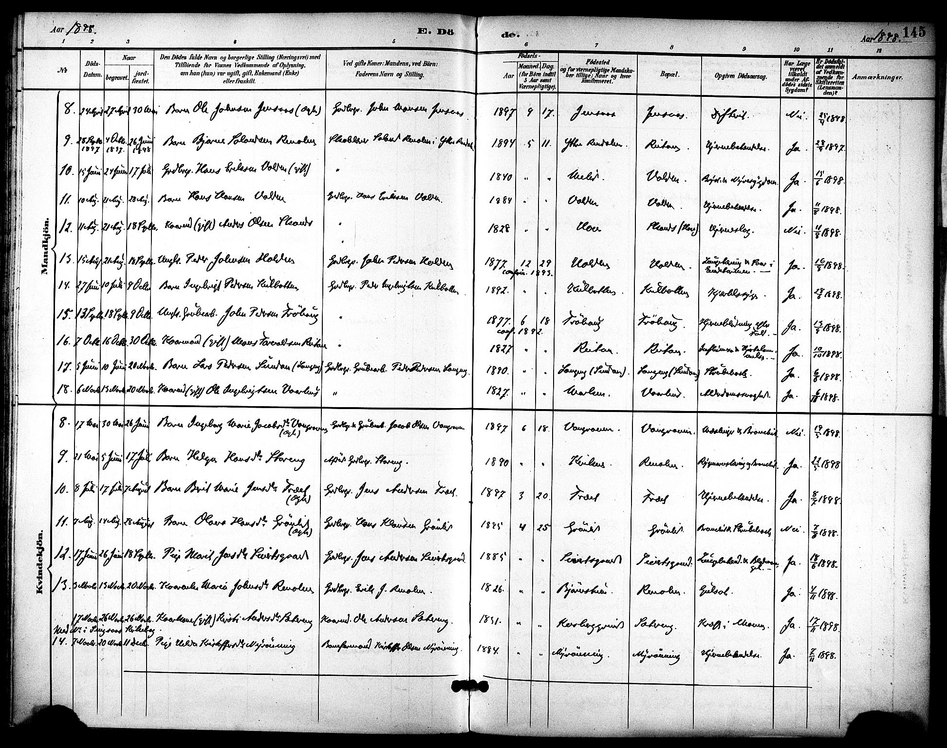 Ministerialprotokoller, klokkerbøker og fødselsregistre - Sør-Trøndelag, AV/SAT-A-1456/686/L0984: Parish register (official) no. 686A02, 1891-1906, p. 145