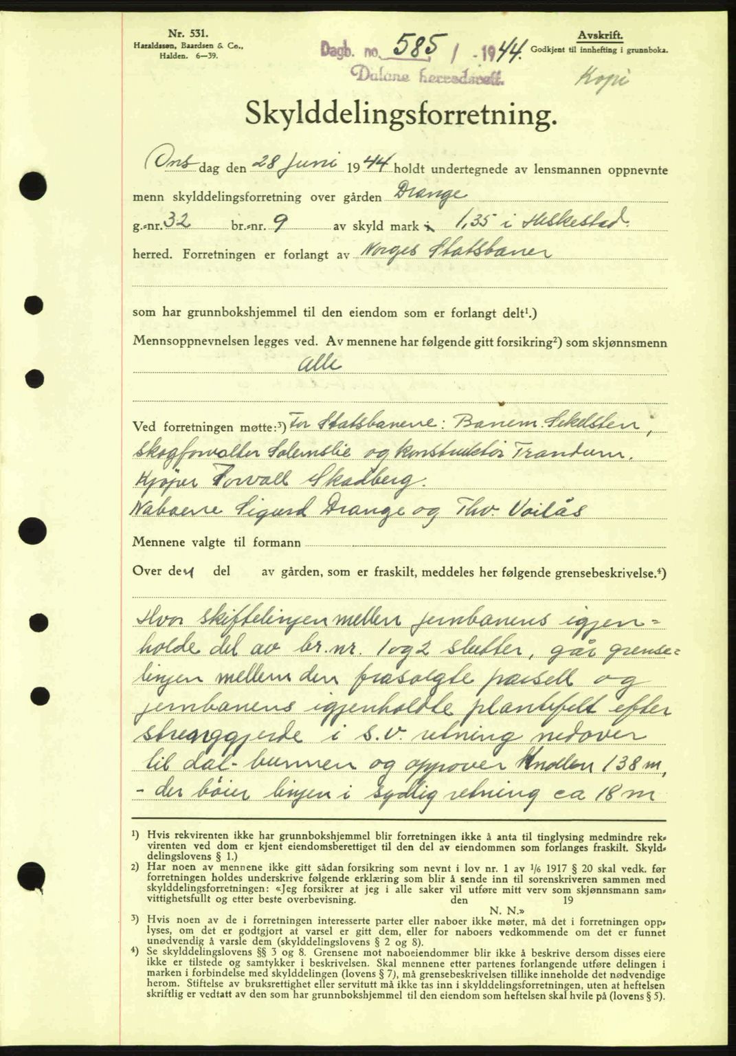 Dalane sorenskriveri, SAST/A-100309/02/G/Gb/L0047: Mortgage book no. A8 I, 1944-1945, Diary no: : 585/1944
