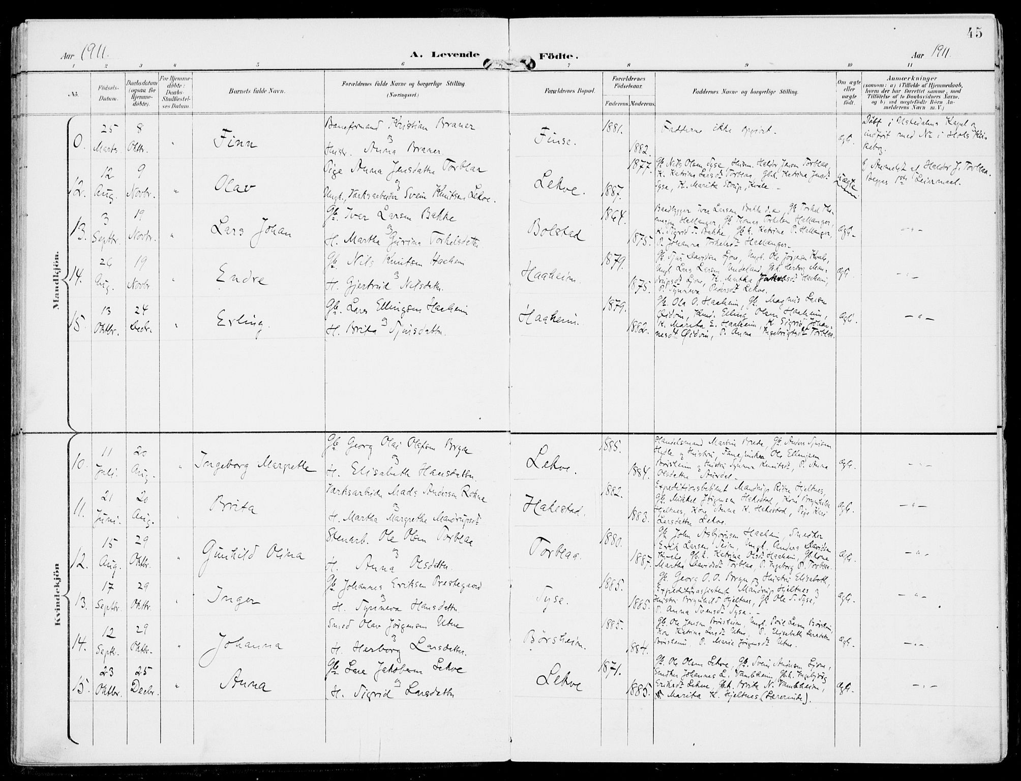 Ulvik sokneprestembete, AV/SAB-A-78801/H/Haa: Parish register (official) no. B  2, 1898-1924, p. 45