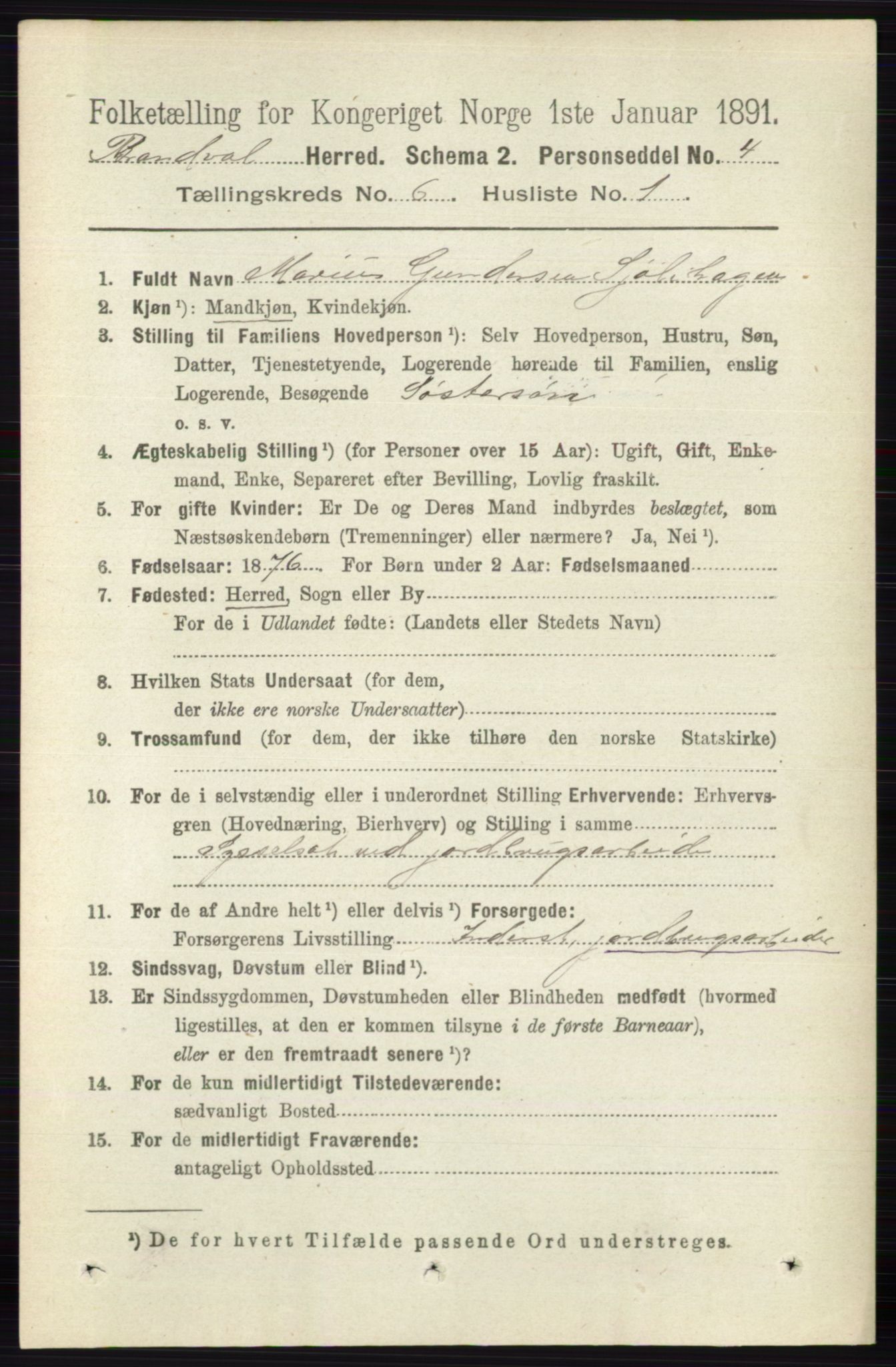 RA, 1891 census for 0422 Brandval, 1891, p. 2852