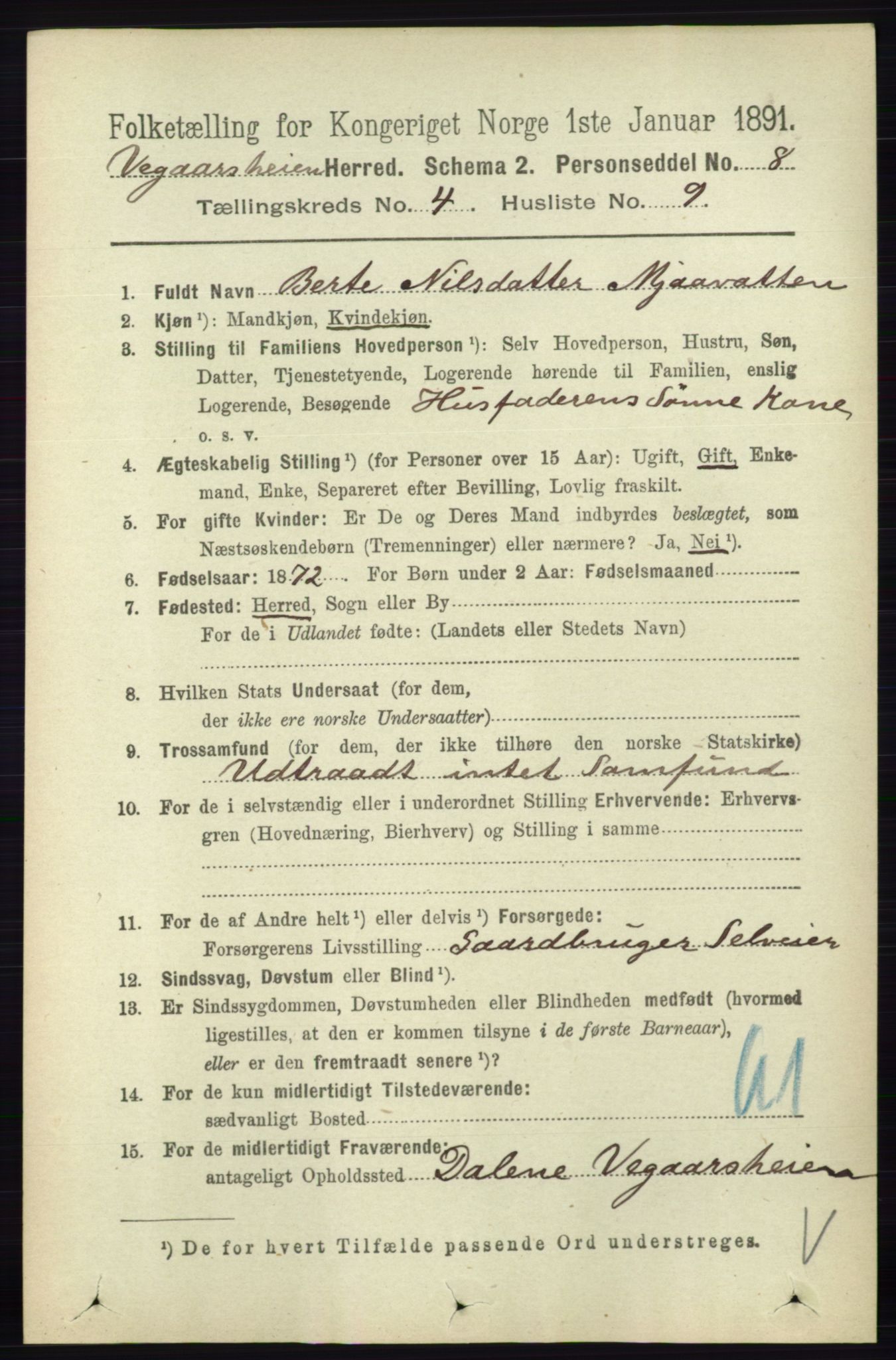 RA, 1891 census for 0912 Vegårshei, 1891, p. 829