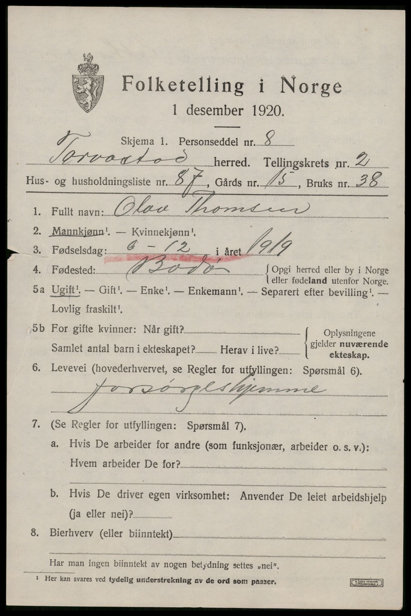 SAST, 1920 census for Torvastad, 1920, p. 2916