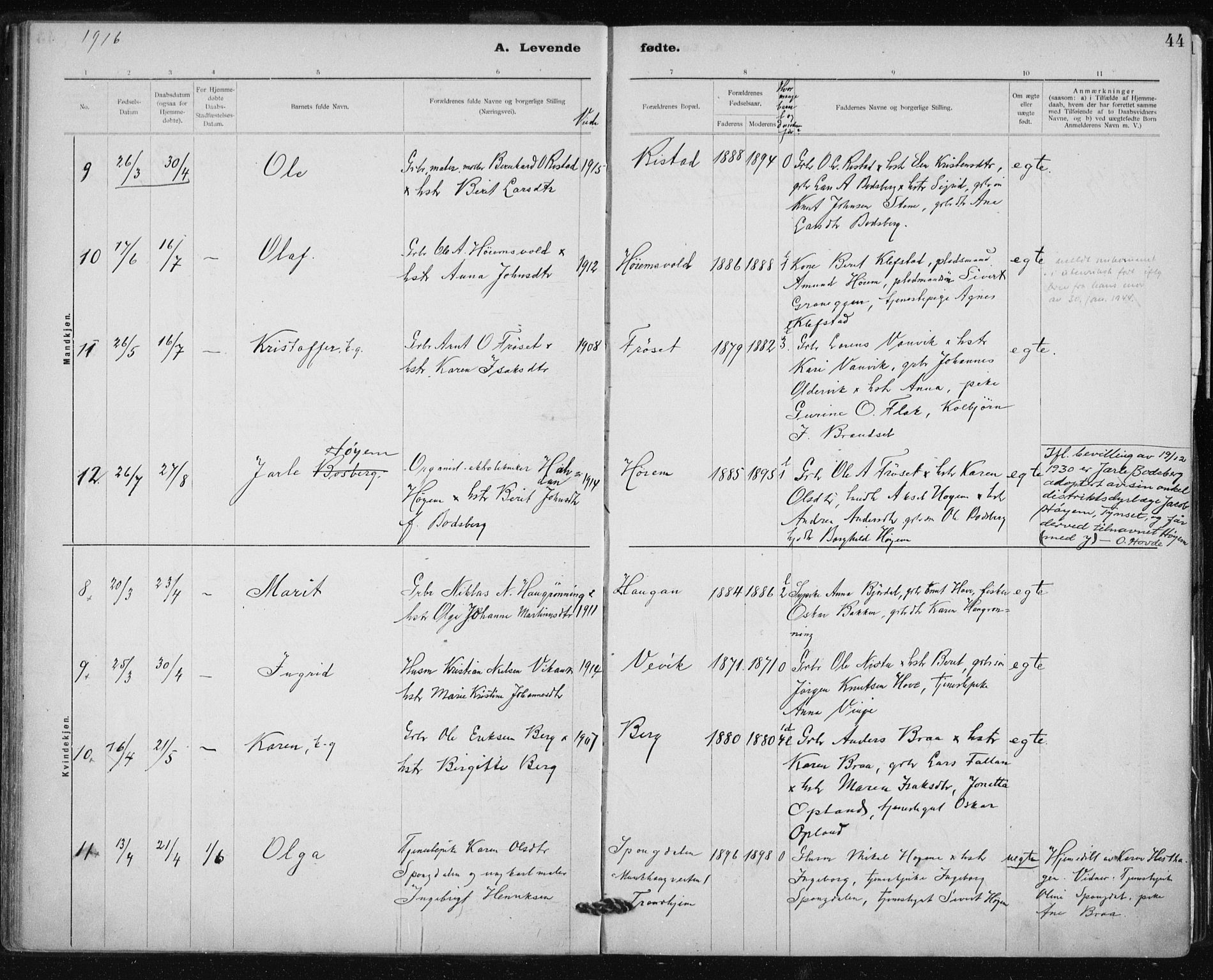 Ministerialprotokoller, klokkerbøker og fødselsregistre - Sør-Trøndelag, SAT/A-1456/612/L0381: Parish register (official) no. 612A13, 1907-1923, p. 44