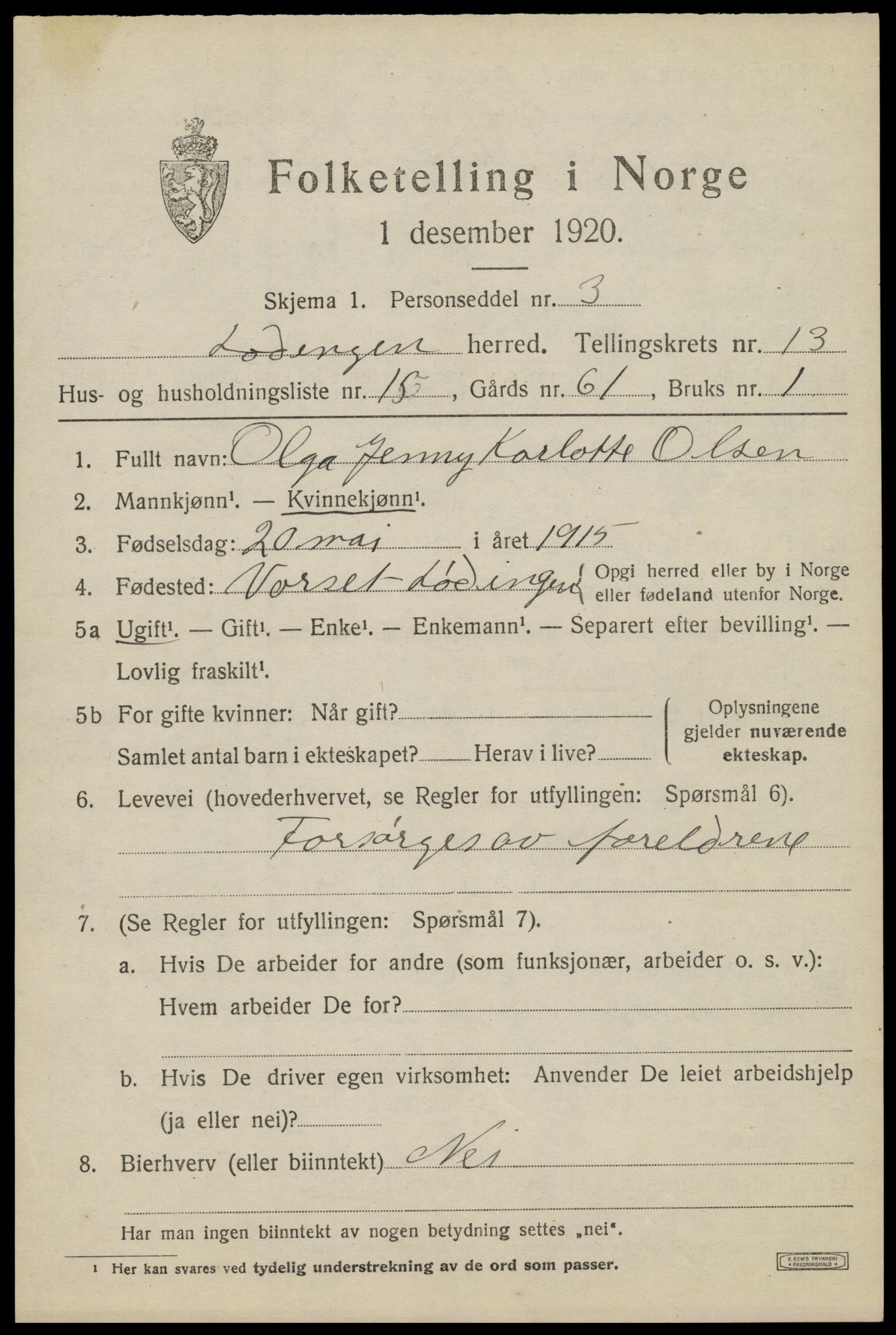 SAT, 1920 census for Lødingen, 1920, p. 6951