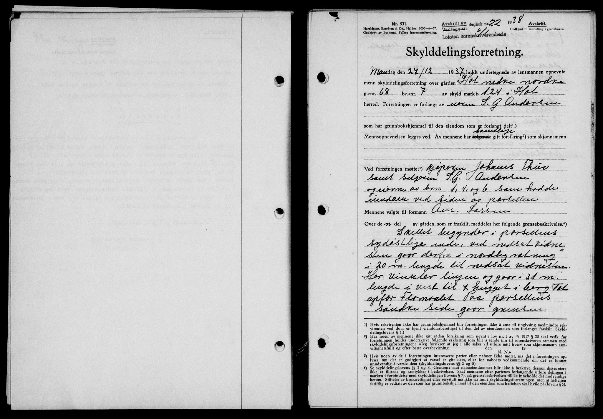 Lofoten sorenskriveri, SAT/A-0017/1/2/2C/L0003a: Mortgage book no. 3a, 1937-1938, Diary no: : 22/1938