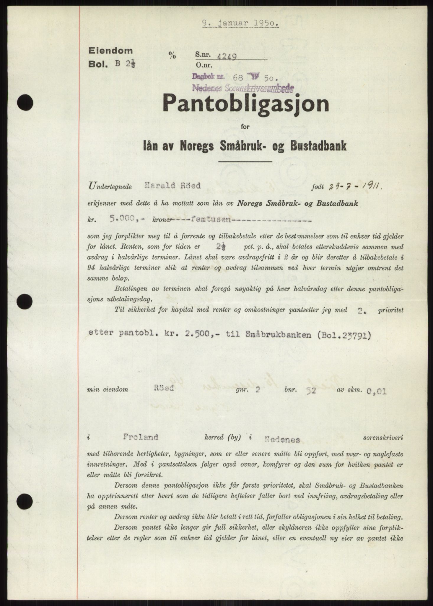 Nedenes sorenskriveri, AV/SAK-1221-0006/G/Gb/Gbb/L0007: Mortgage book no. B7, 1949-1950, Diary no: : 68/1950