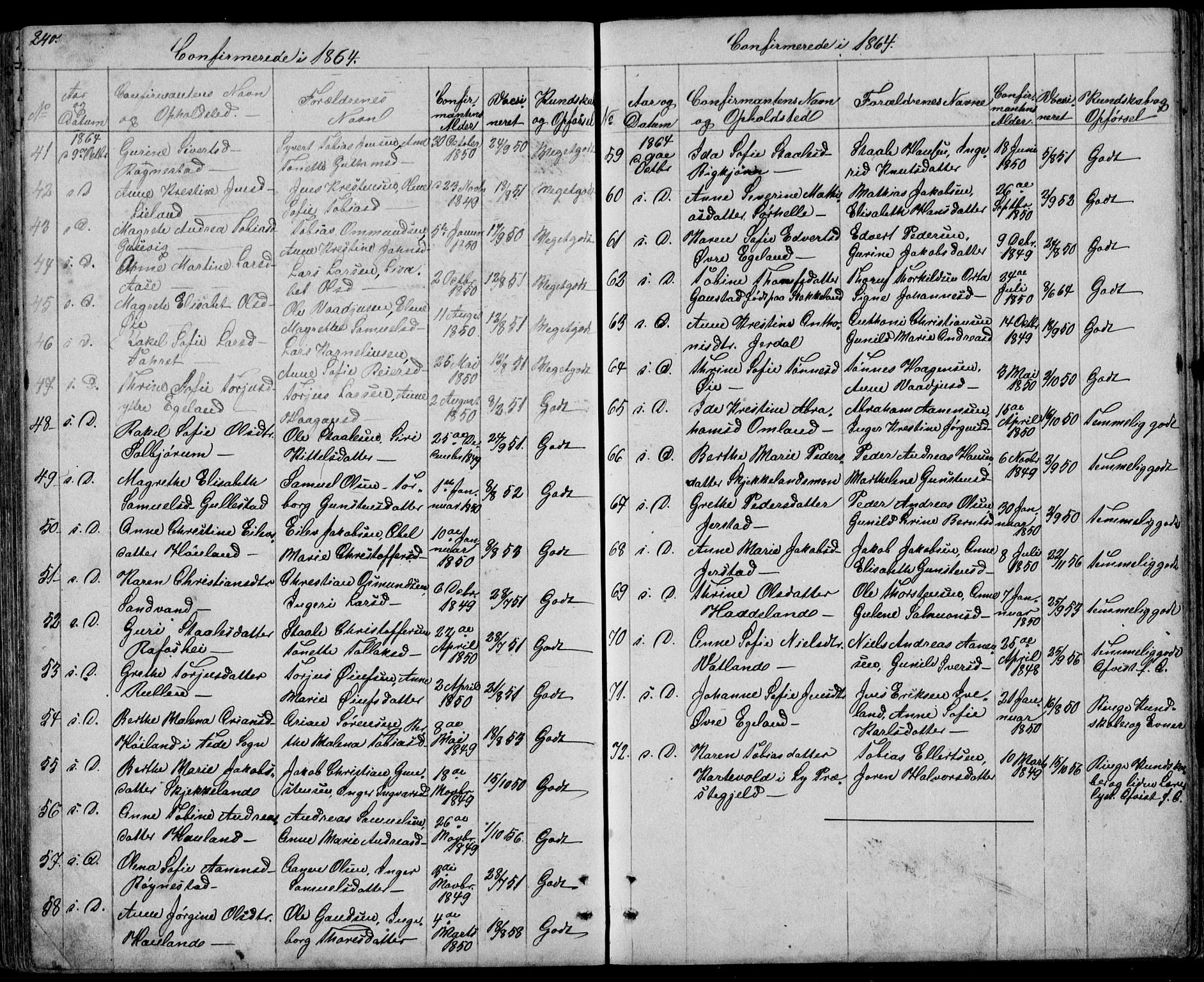Kvinesdal sokneprestkontor, SAK/1111-0026/F/Fb/Fbb/L0001: Parish register (copy) no. B 1, 1852-1872, p. 240