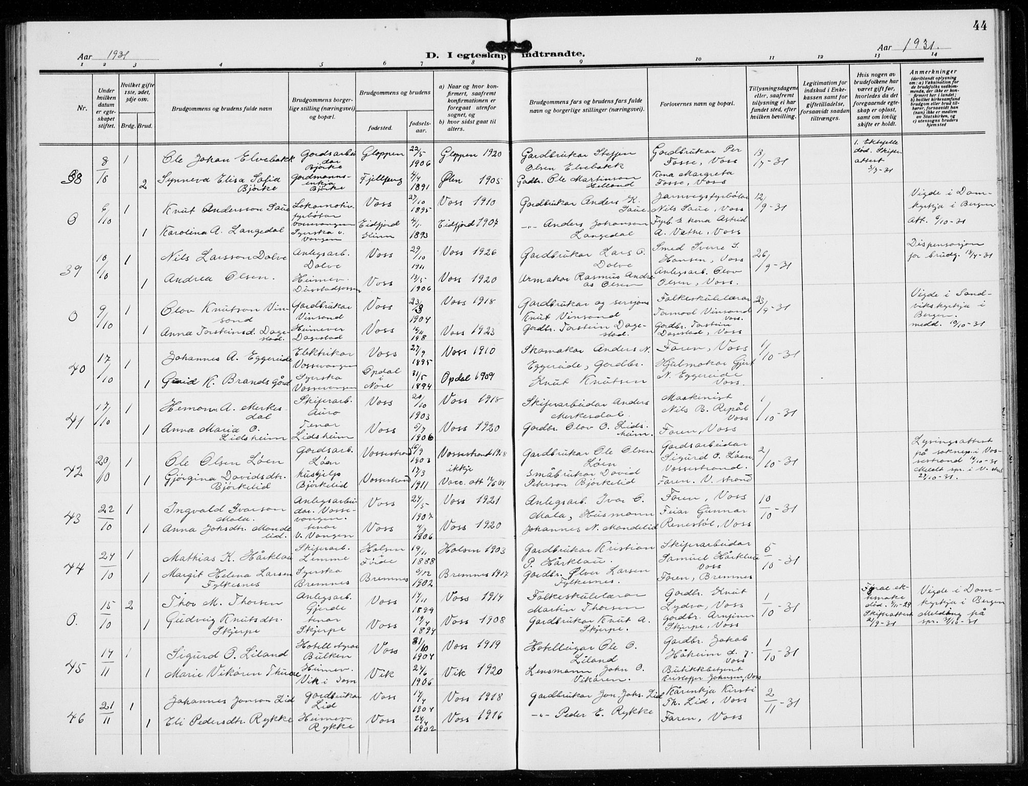 Voss sokneprestembete, AV/SAB-A-79001/H/Hab: Parish register (copy) no. E  2, 1922-1936, p. 44