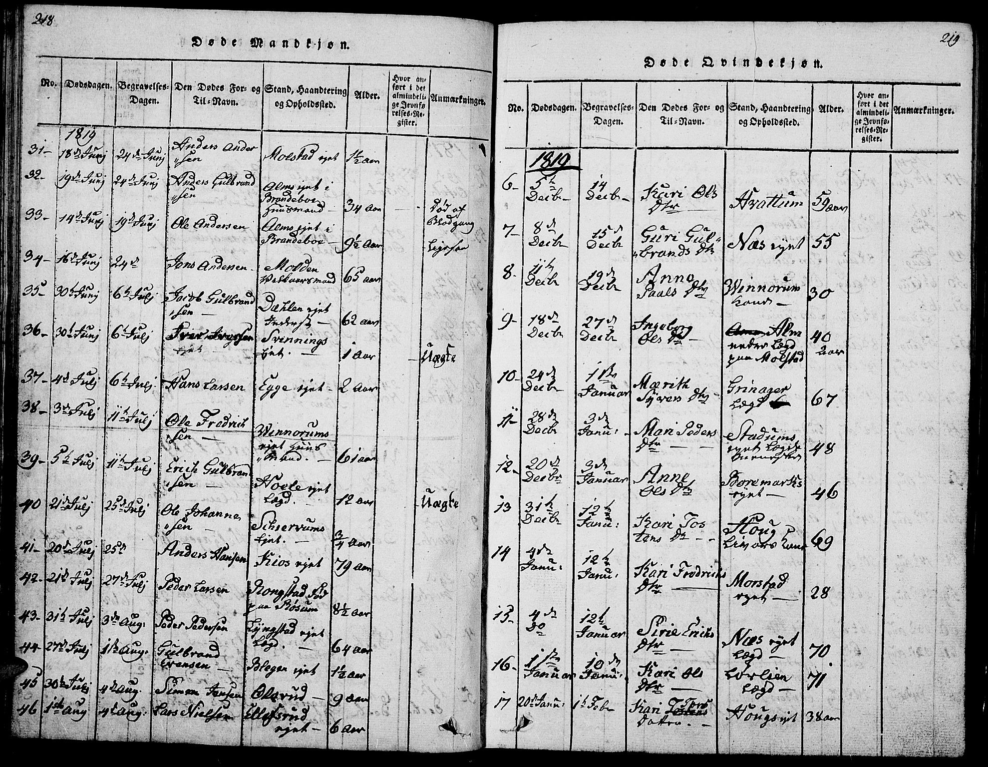 Gran prestekontor, SAH/PREST-112/H/Ha/Hab/L0001: Parish register (copy) no. 1, 1815-1824, p. 218-219