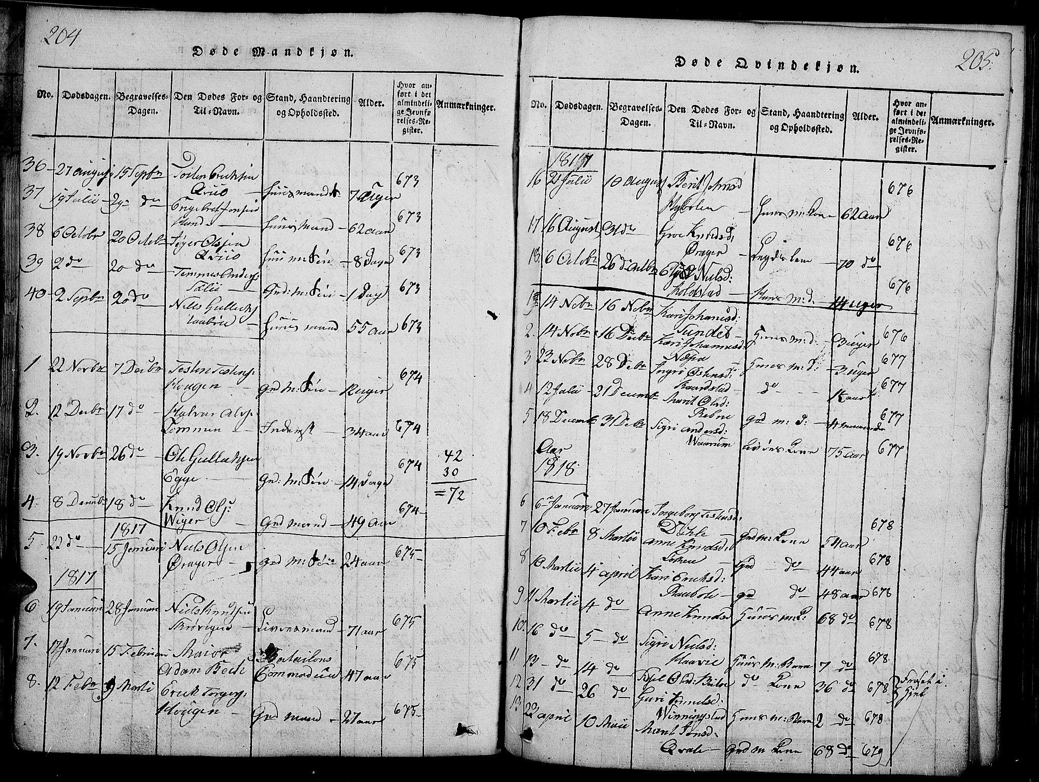 Slidre prestekontor, SAH/PREST-134/H/Ha/Haa/L0002: Parish register (official) no. 2, 1814-1830, p. 204-205
