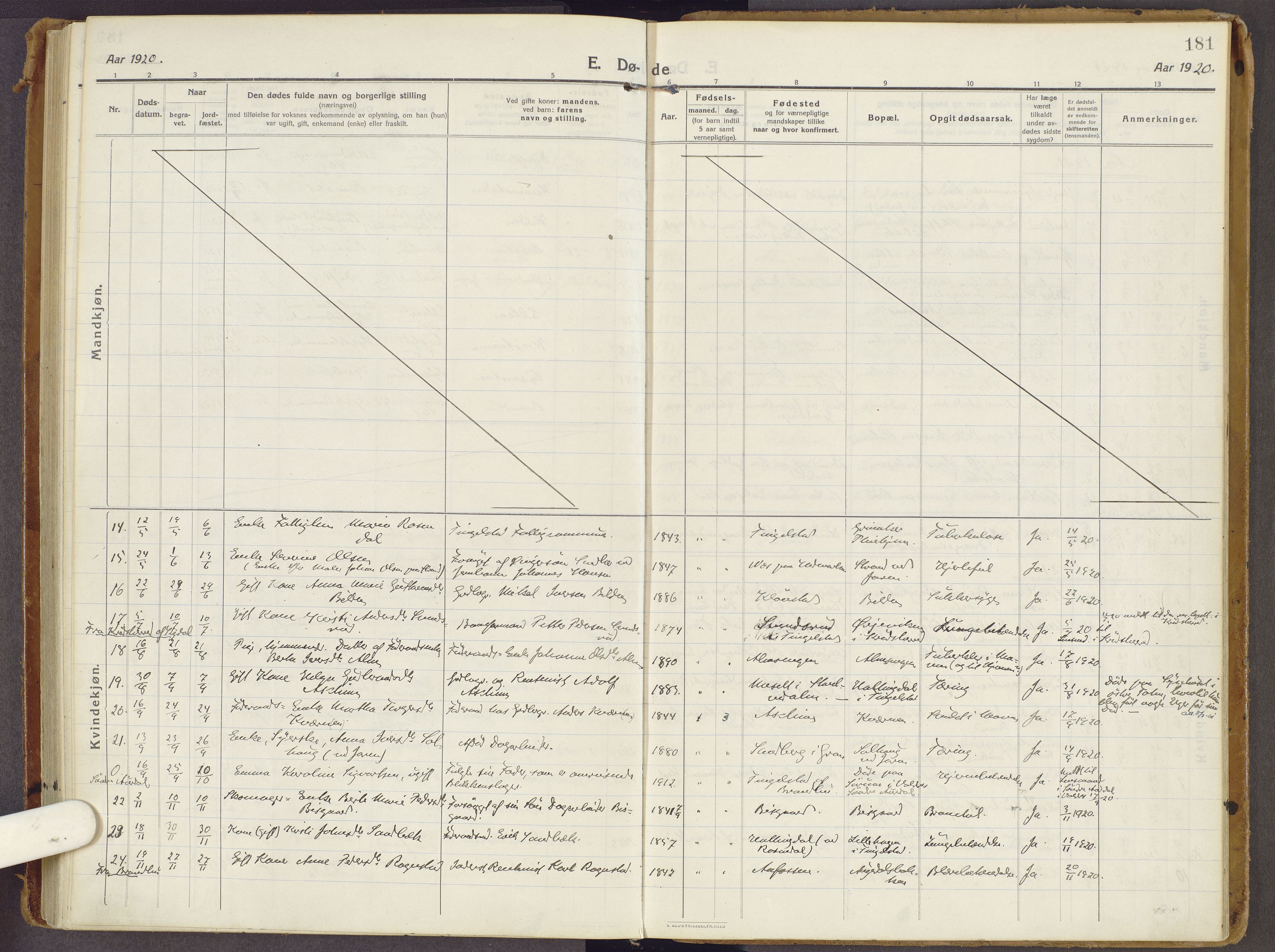 Brandbu prestekontor, SAH/PREST-114/H/Ha/Haa/L0003: Parish register (official) no. 3, 1914-1928, p. 181