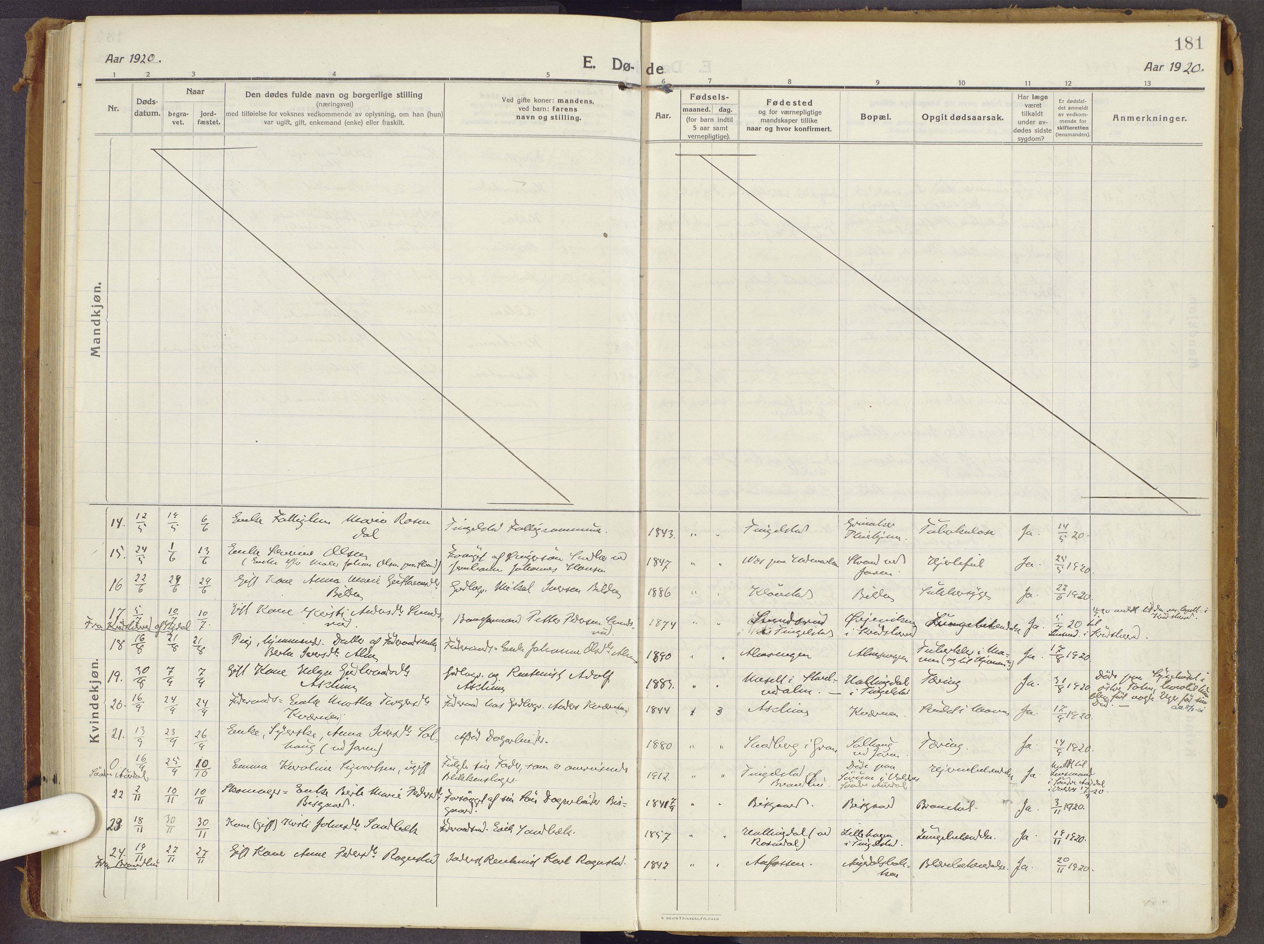 Brandbu prestekontor, AV/SAH-PREST-114/H/Ha/Haa/L0003: Parish register (official) no. 3, 1914-1928, p. 181