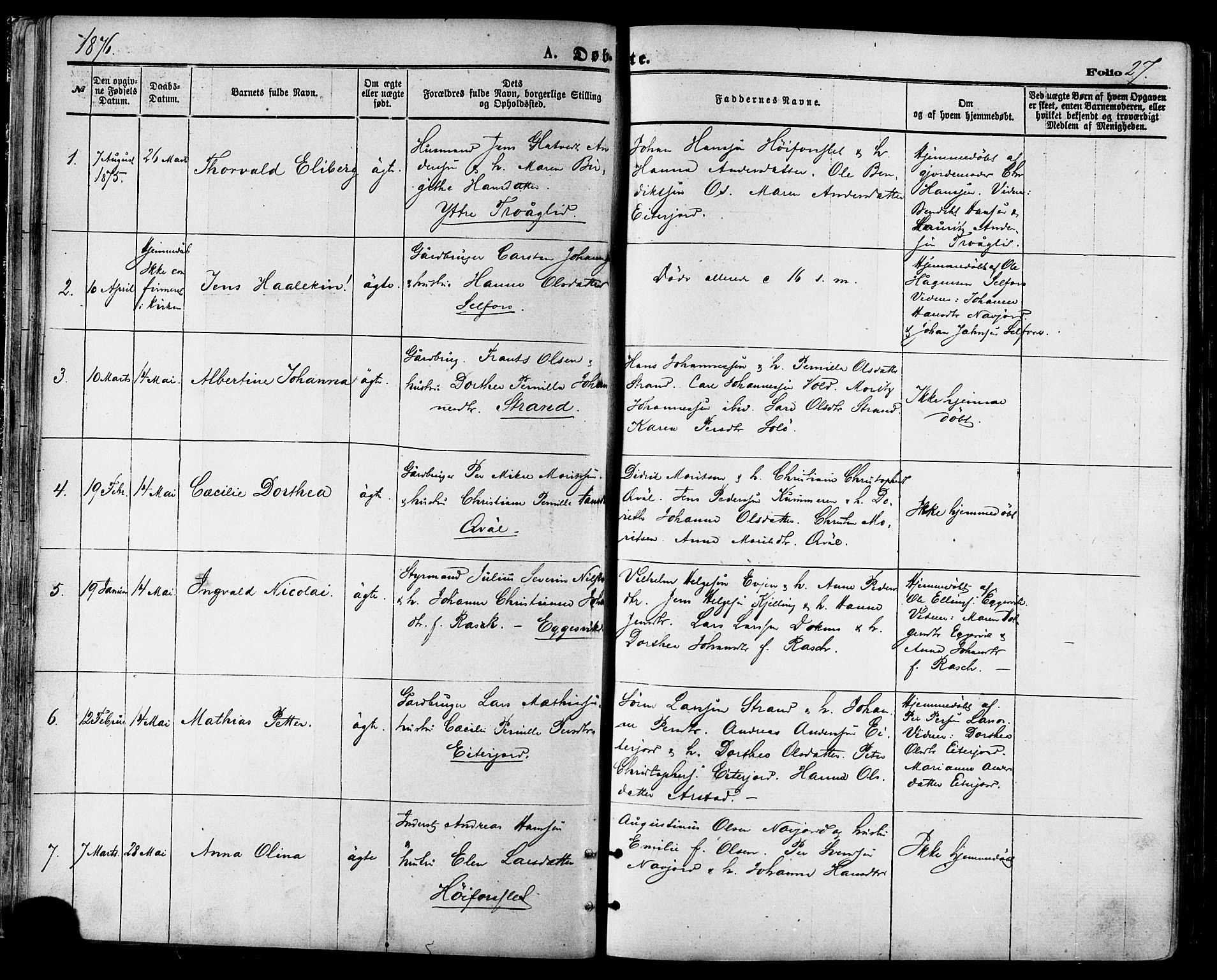 Ministerialprotokoller, klokkerbøker og fødselsregistre - Nordland, AV/SAT-A-1459/846/L0645: Parish register (official) no. 846A03, 1872-1886, p. 27