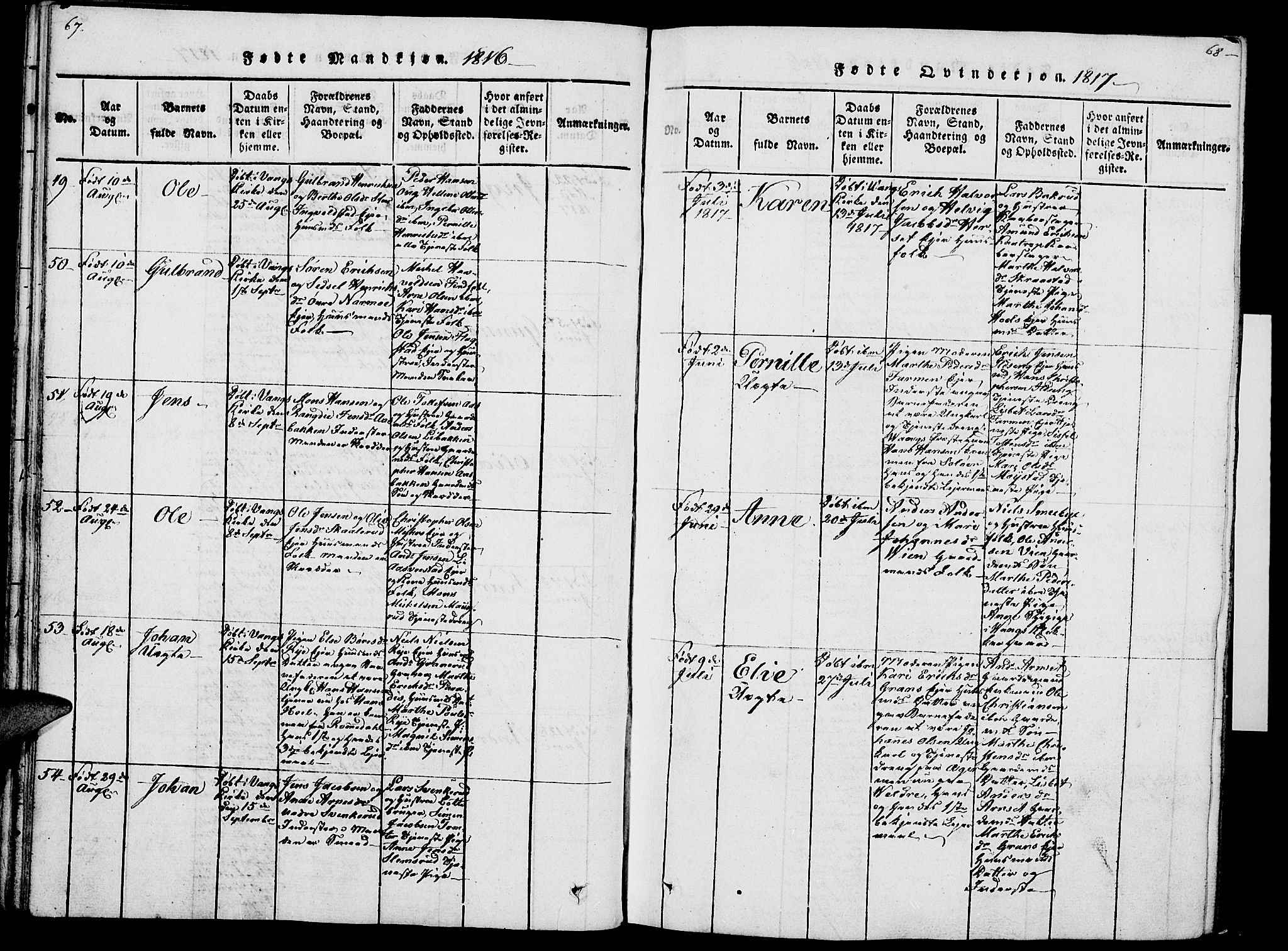 Vang prestekontor, Hedmark, SAH/PREST-008/H/Ha/Haa/L0007: Parish register (official) no. 7, 1813-1826, p. 67-68