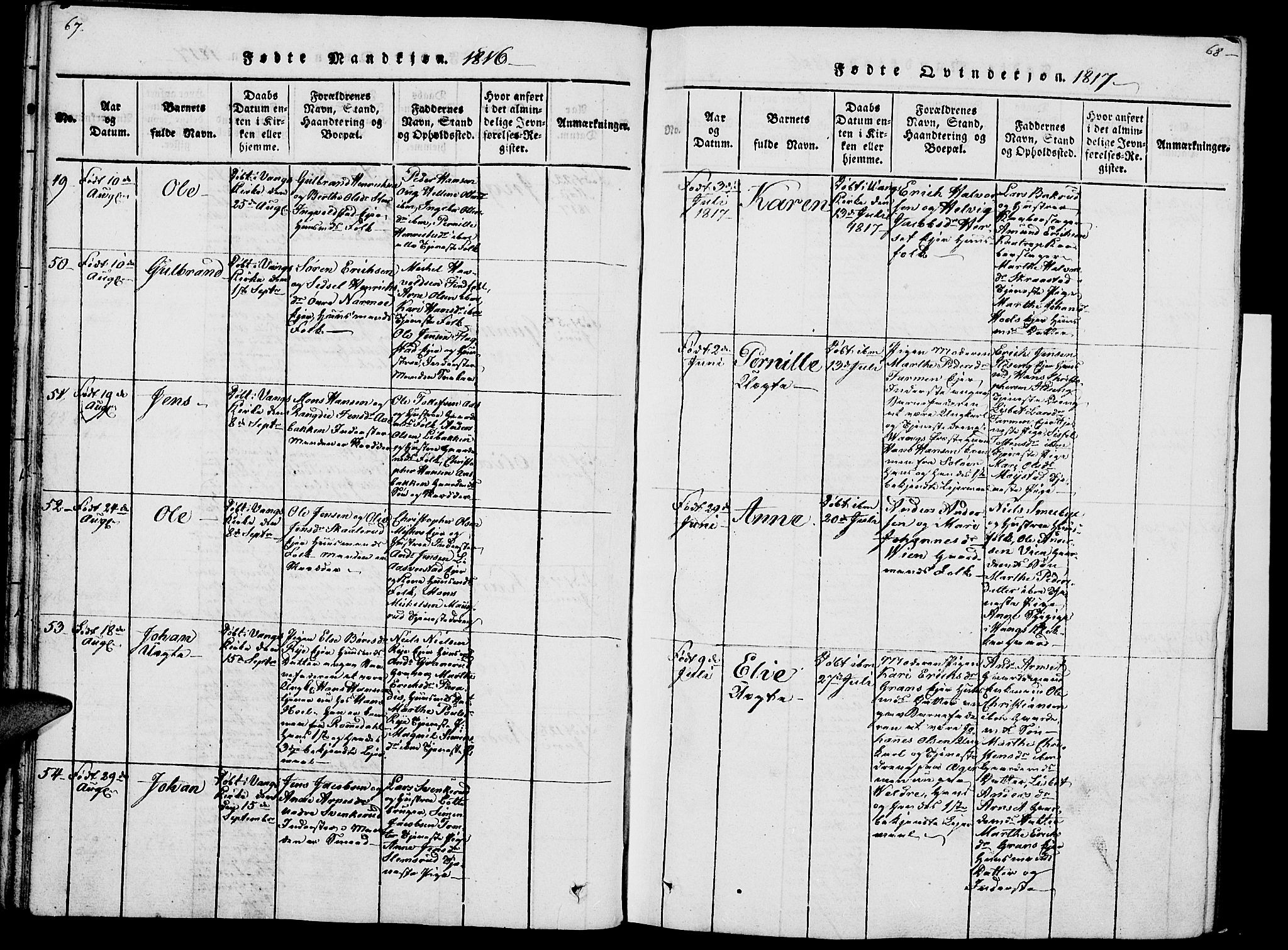 Vang prestekontor, Hedmark, AV/SAH-PREST-008/H/Ha/Haa/L0007: Parish register (official) no. 7, 1813-1826, p. 67-68