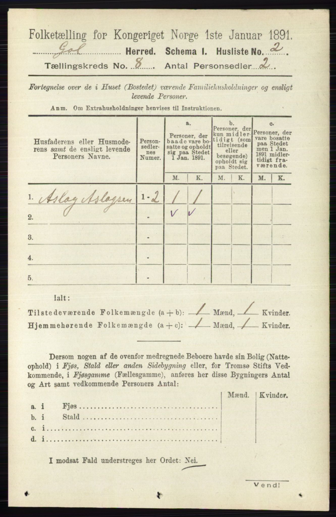 RA, 1891 census for 0617 Gol og Hemsedal, 1891, p. 2983