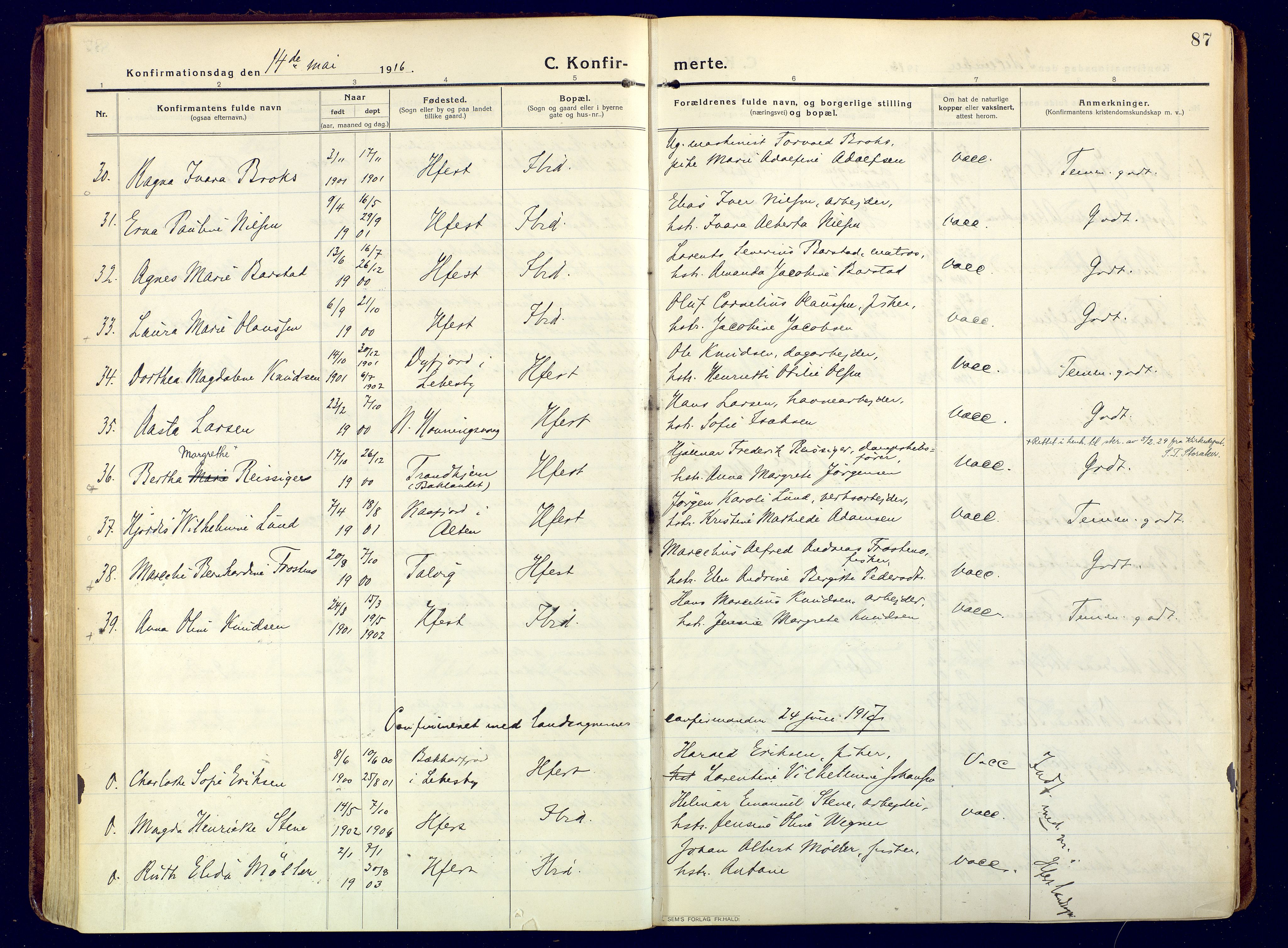 Hammerfest sokneprestkontor, SATØ/S-1347/H/Ha/L0015.kirke: Parish register (official) no. 15, 1916-1923, p. 87