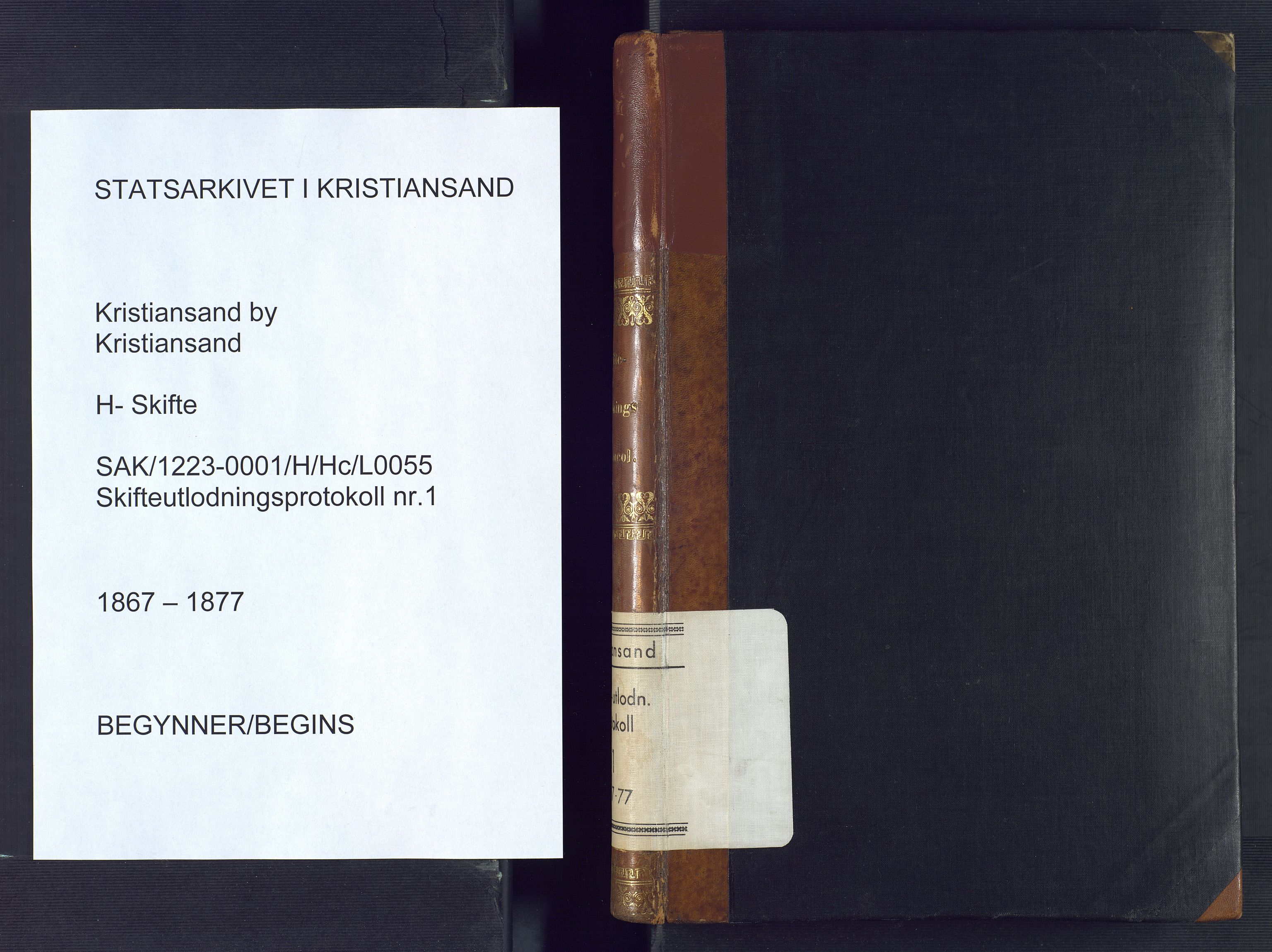 Kristiansand byrett, AV/SAK-1223-0001/H/Hc/L0055: Skifteutlodningsprotokoll nr. 1, med register, 1867-1877