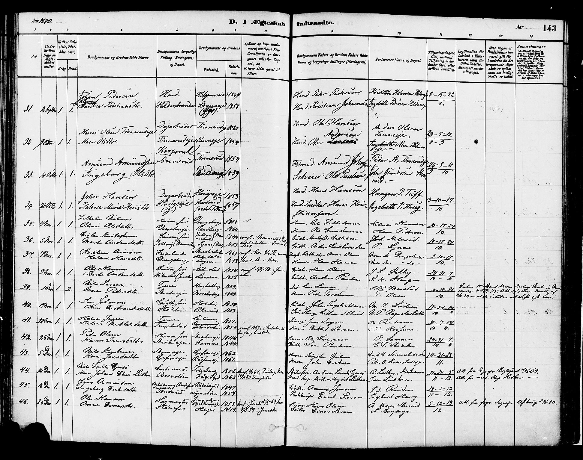 Gran prestekontor, AV/SAH-PREST-112/H/Ha/Haa/L0014: Parish register (official) no. 14, 1880-1889, p. 143