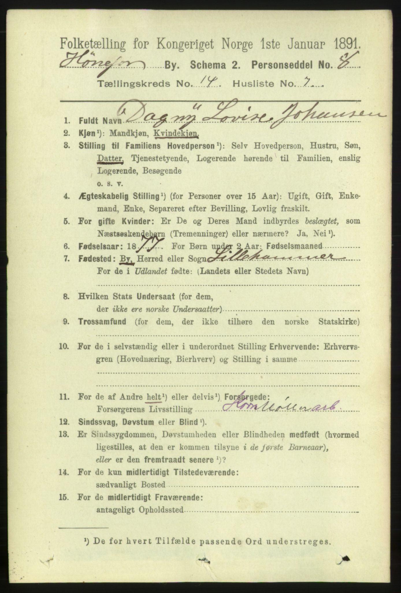 RA, 1891 census for 0601 Hønefoss, 1891, p. 1712