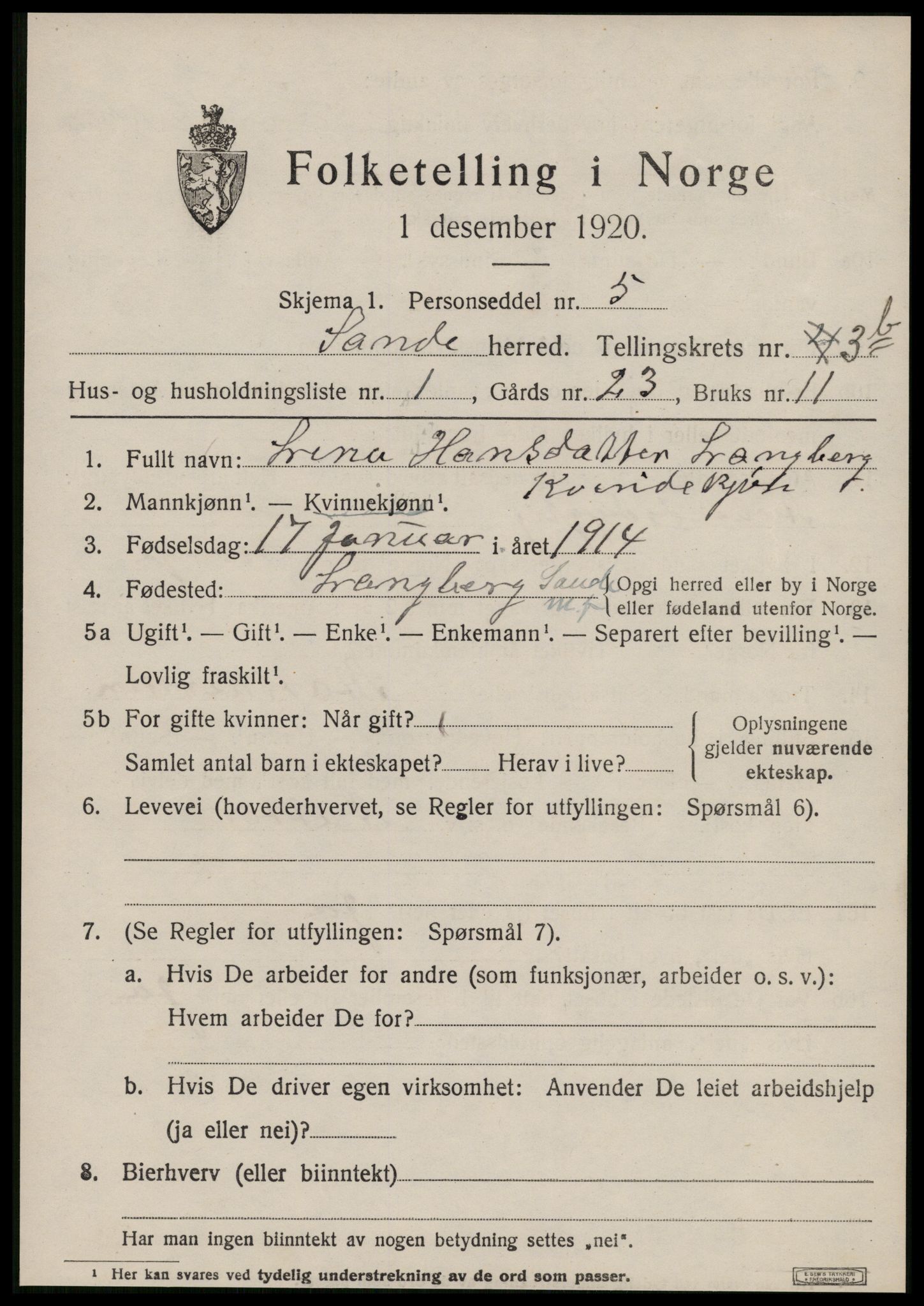 SAT, 1920 census for Sande (MR), 1920, p. 2708