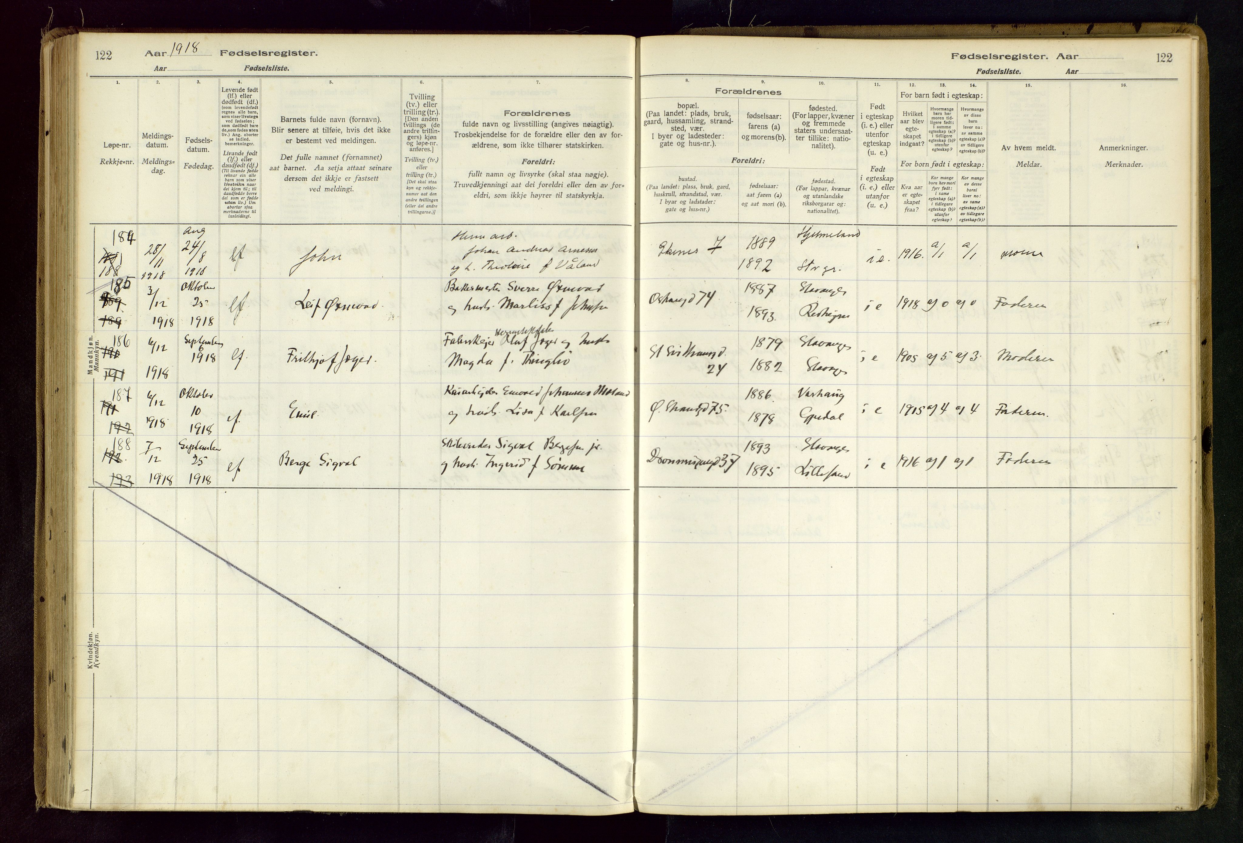 Domkirken sokneprestkontor, AV/SAST-A-101812/002/B/L0001: Birth register no. 1, 1916-1920, p. 122