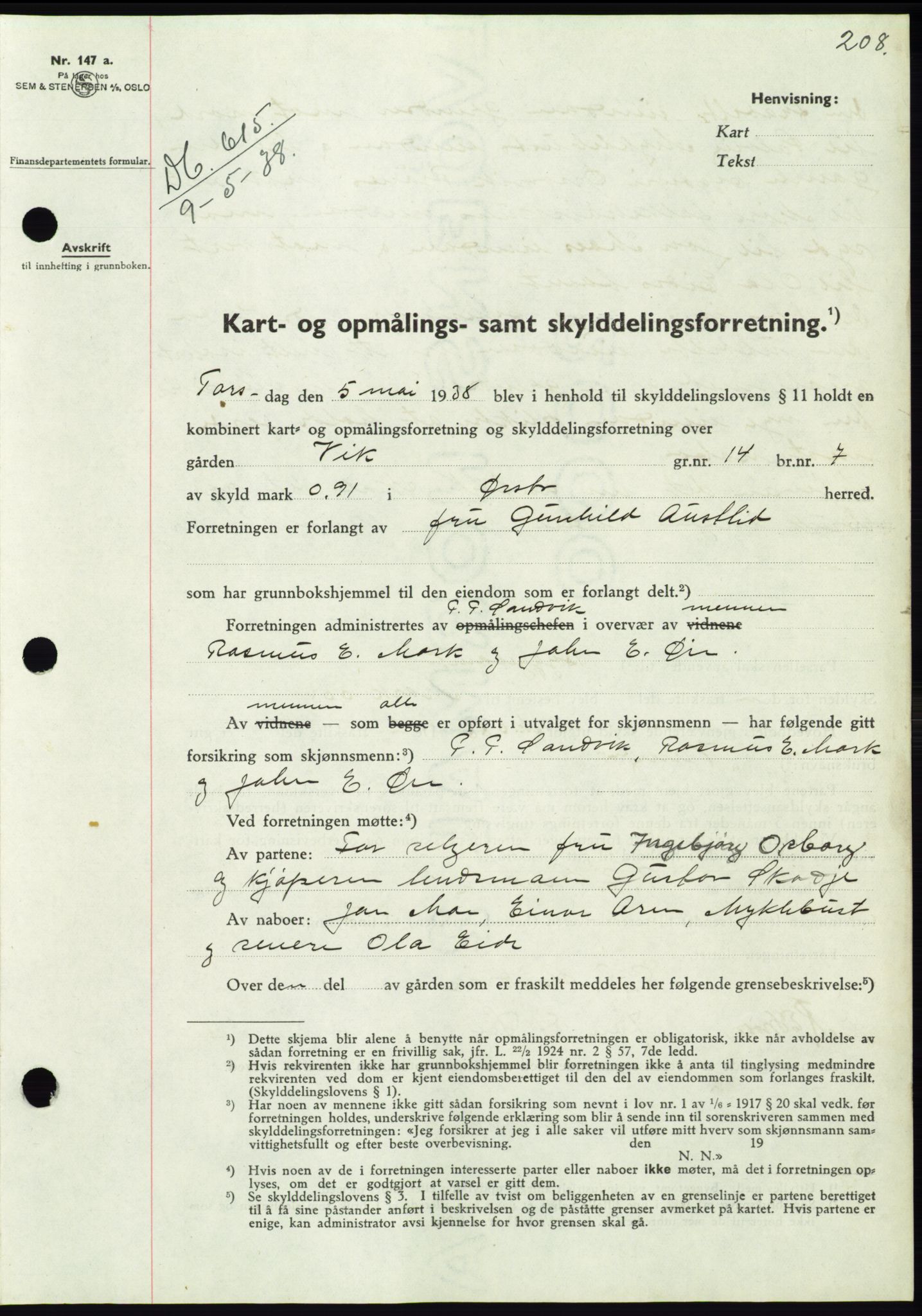 Søre Sunnmøre sorenskriveri, AV/SAT-A-4122/1/2/2C/L0065: Mortgage book no. 59, 1938-1938, Diary no: : 615/1938