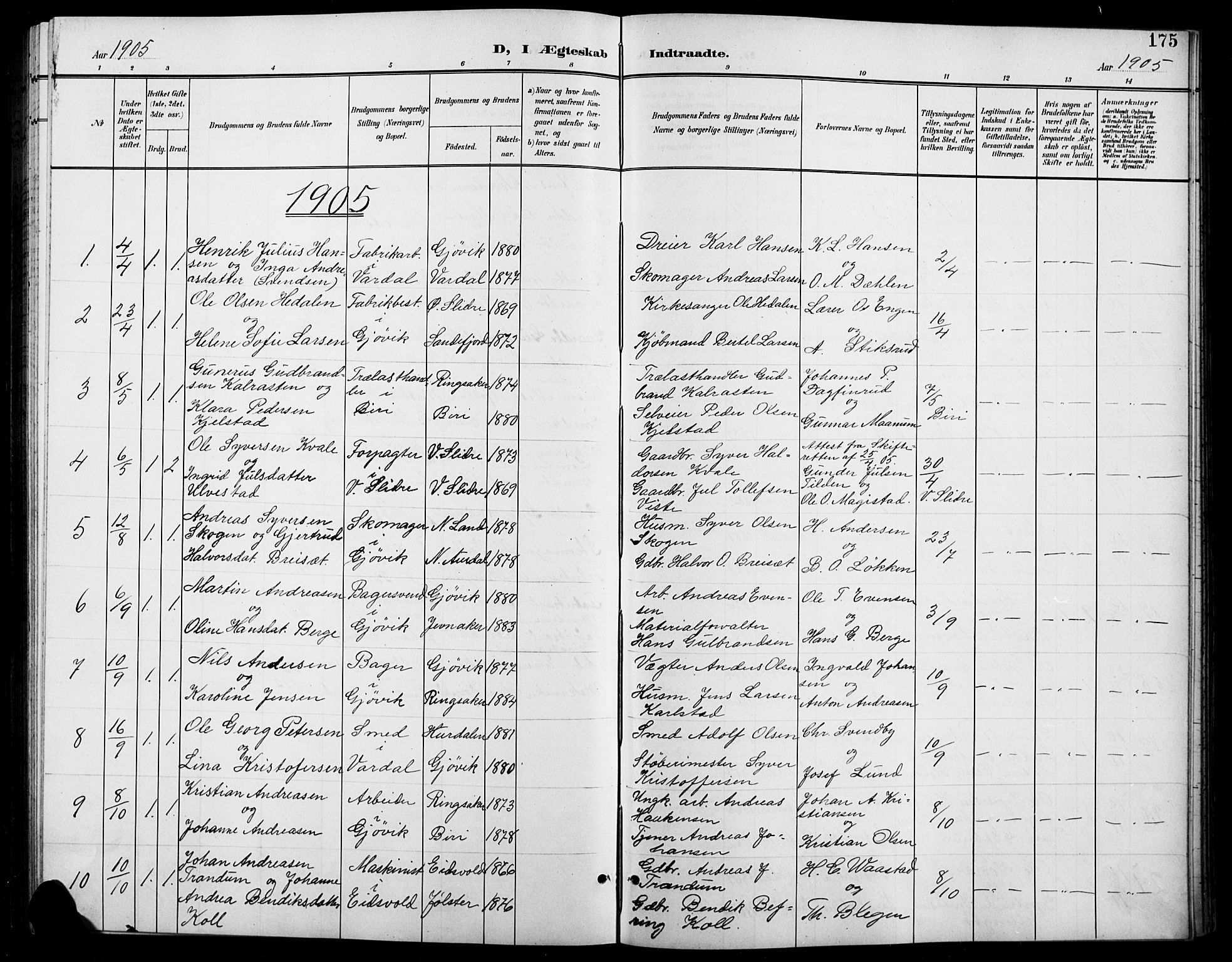 Vardal prestekontor, SAH/PREST-100/H/Ha/Hab/L0012: Parish register (copy) no. 12, 1902-1911, p. 175
