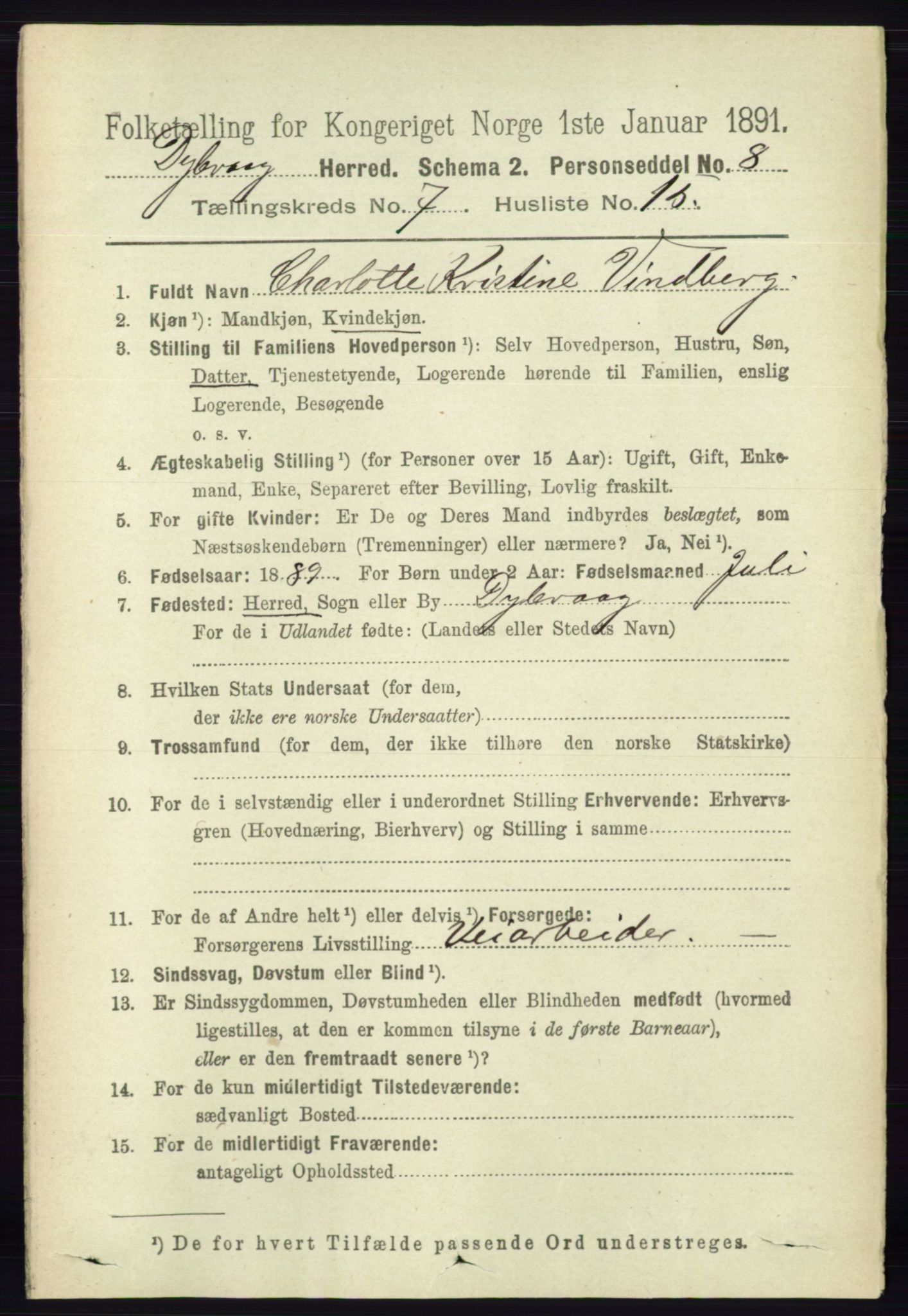 RA, 1891 census for 0915 Dypvåg, 1891, p. 2483