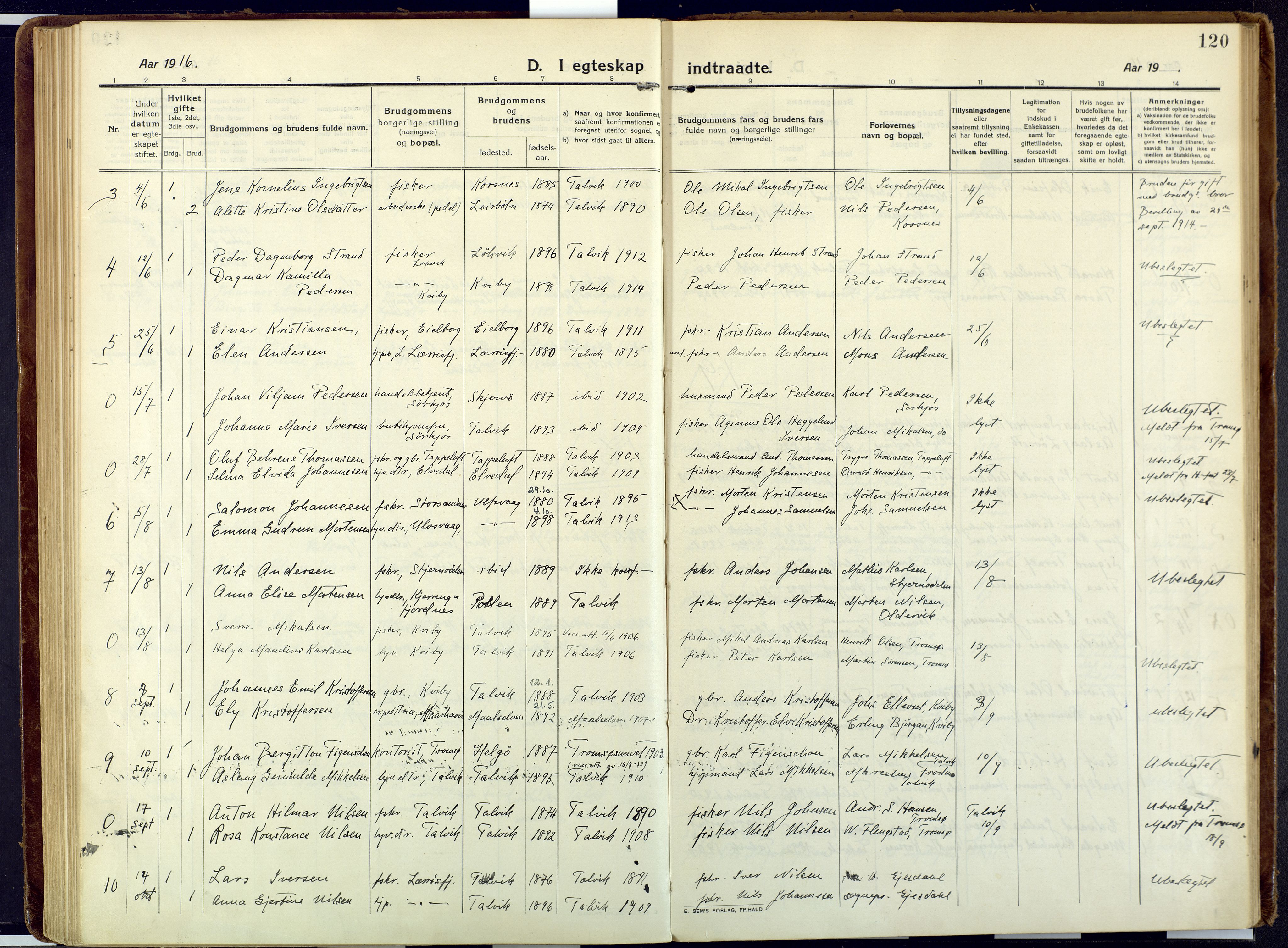 Talvik sokneprestkontor, AV/SATØ-S-1337/H/Ha/L0018kirke: Parish register (official) no. 18, 1915-1924, p. 120