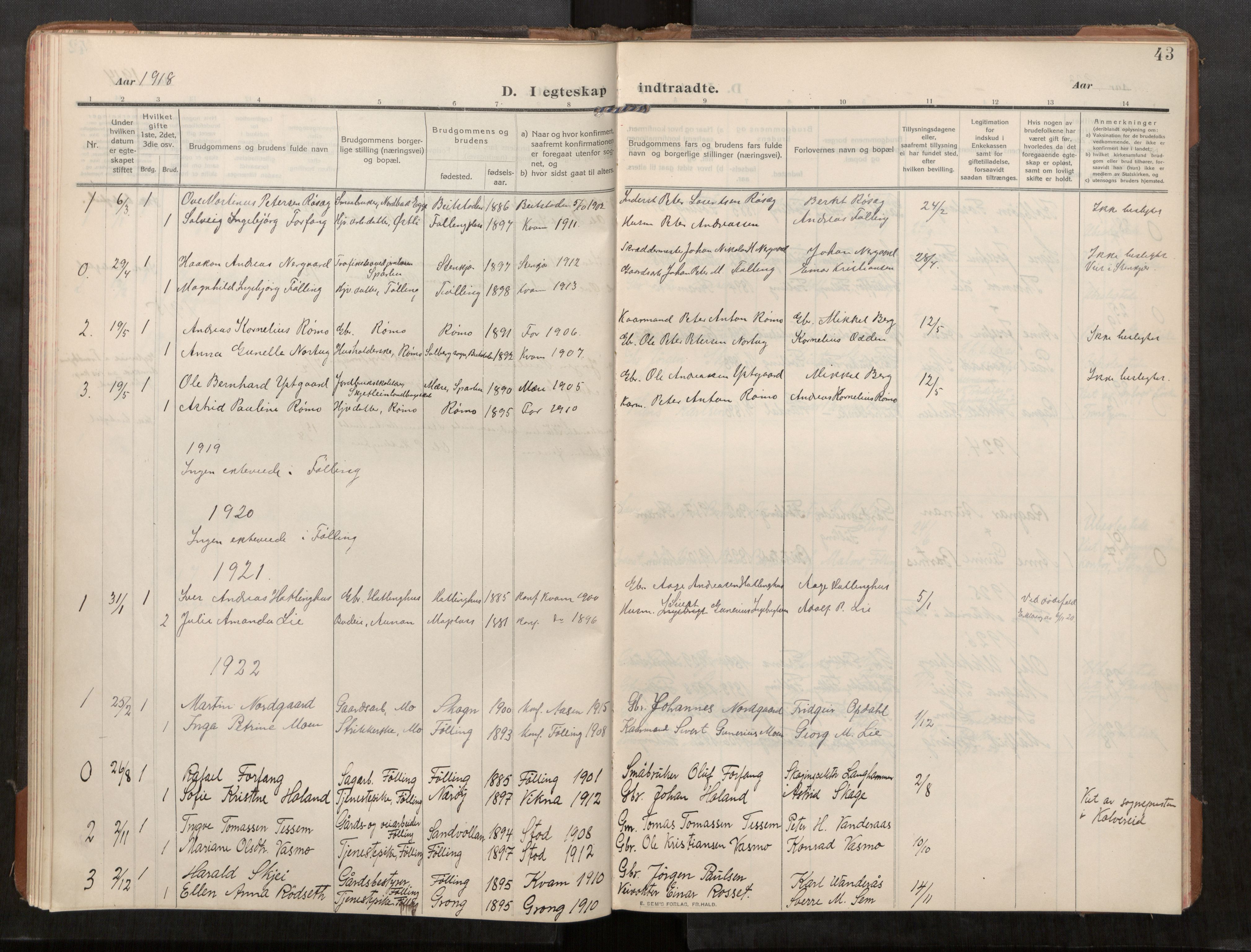 Stod sokneprestkontor, SAT/A-1164/1/I/I1/I1a/L0003: Parish register (official) no. 3, 1909-1934, p. 43
