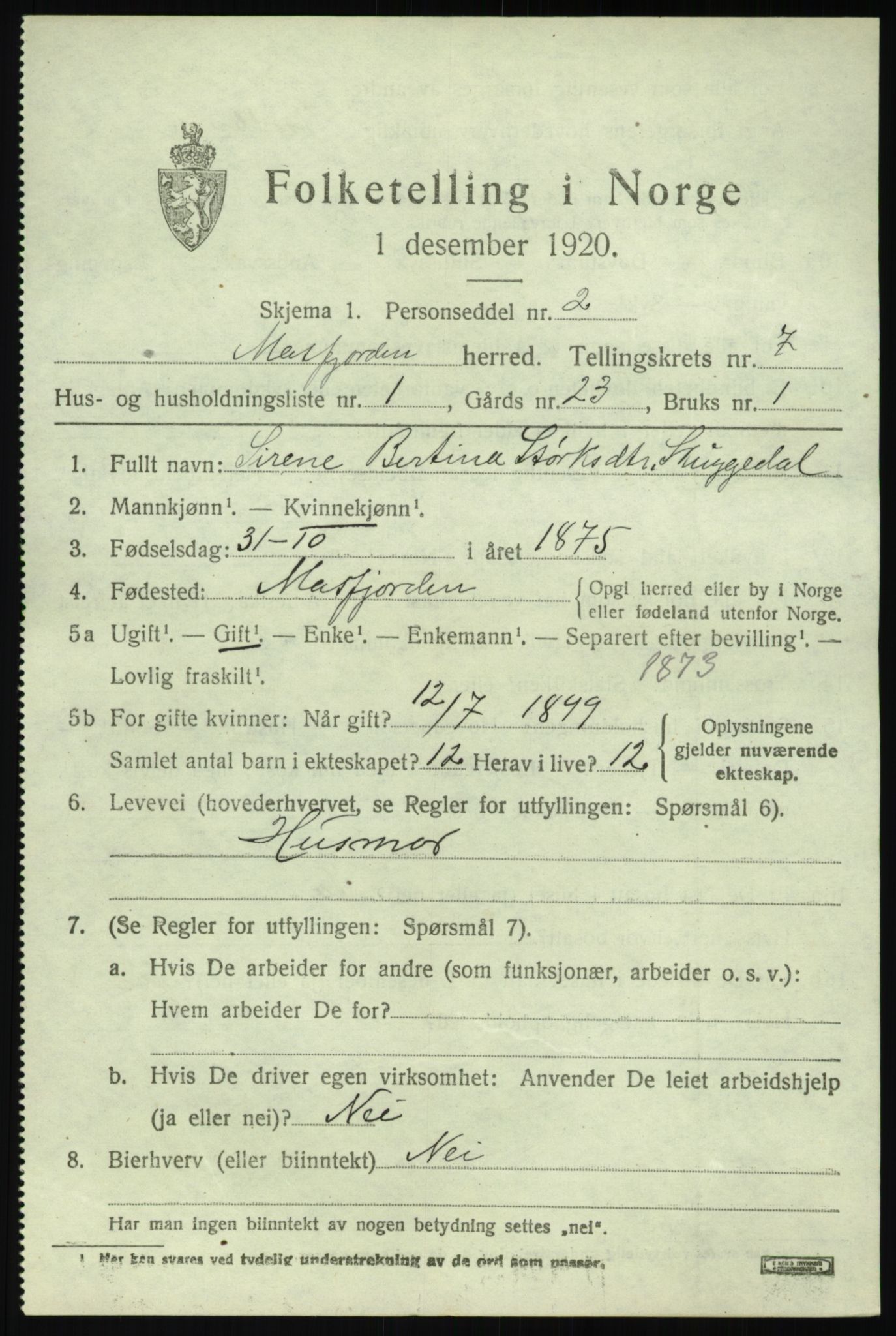 SAB, 1920 census for Masfjorden, 1920, p. 2631